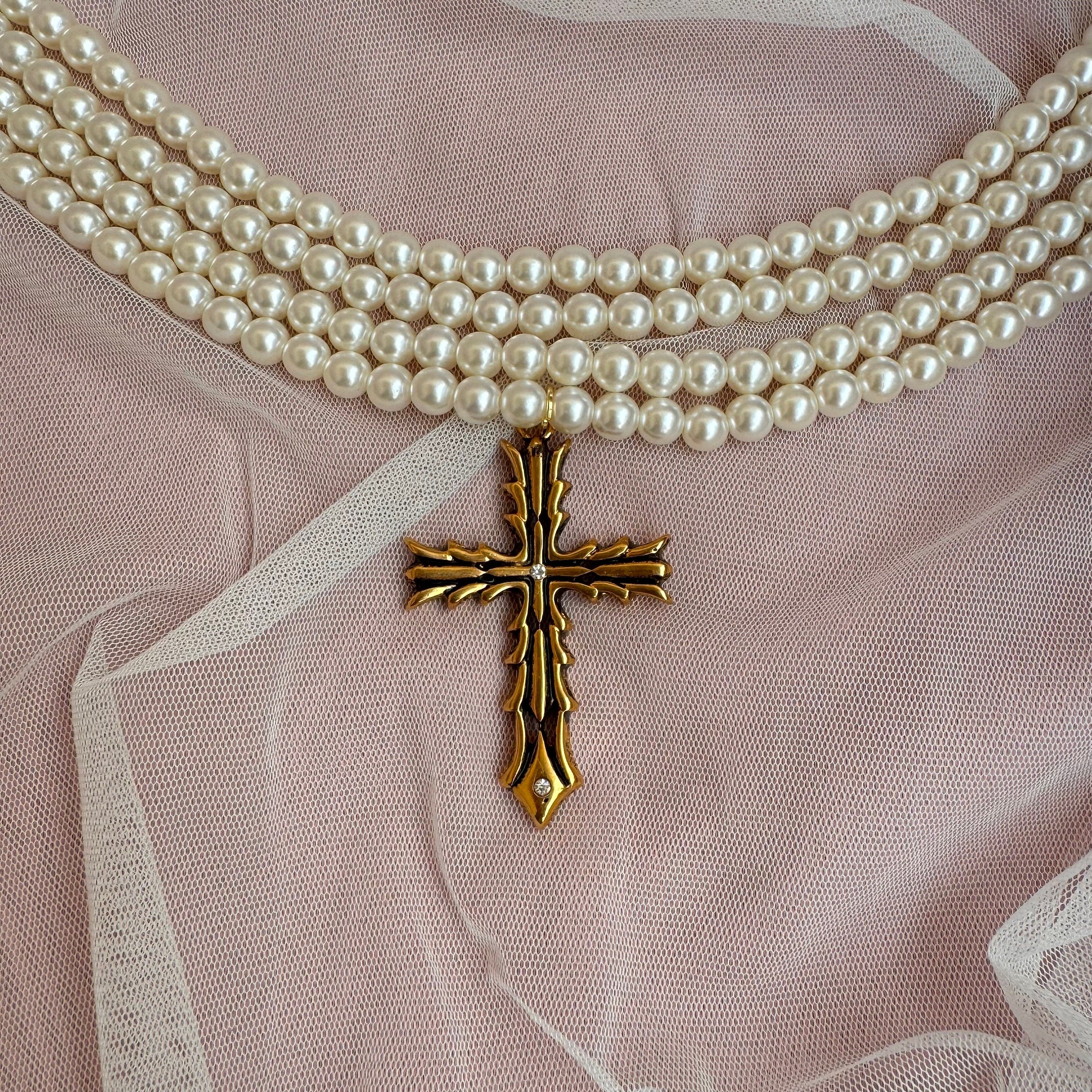 Baroque Pearl Choker: Gold Cross Pendant, Gothic Victorian Necklace