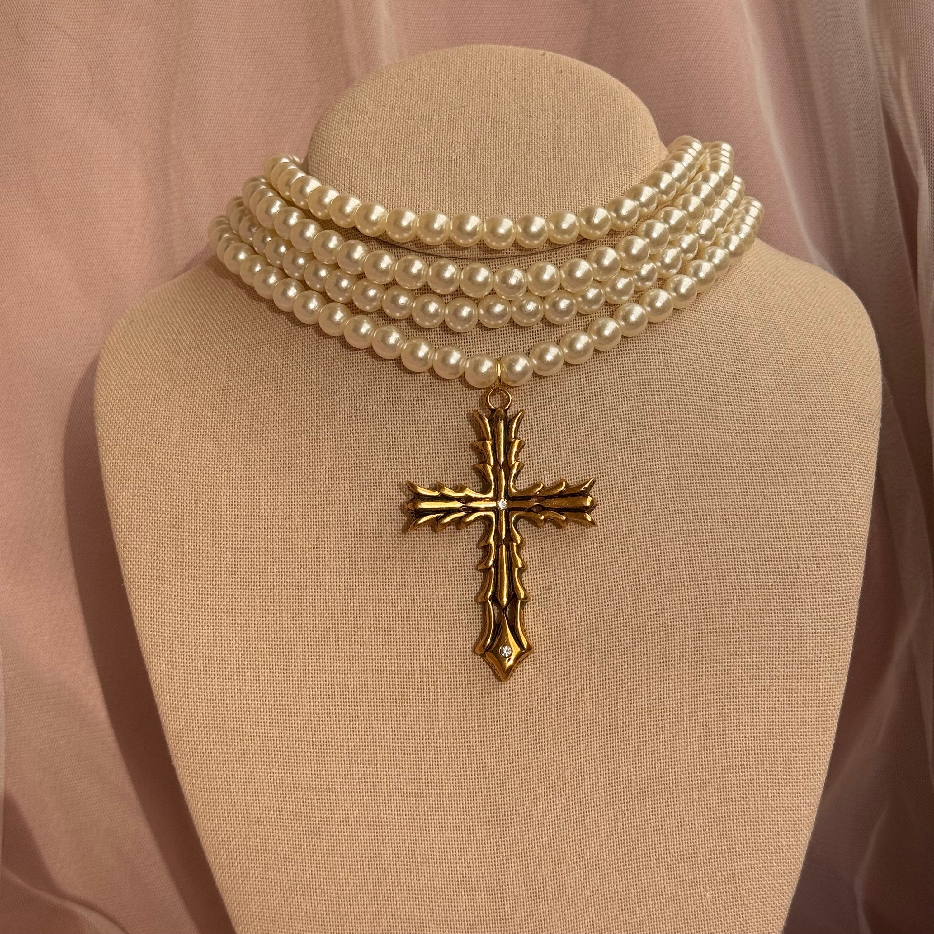 Baroque Pearl Choker: Gold Cross Pendant, Gothic Victorian Necklace