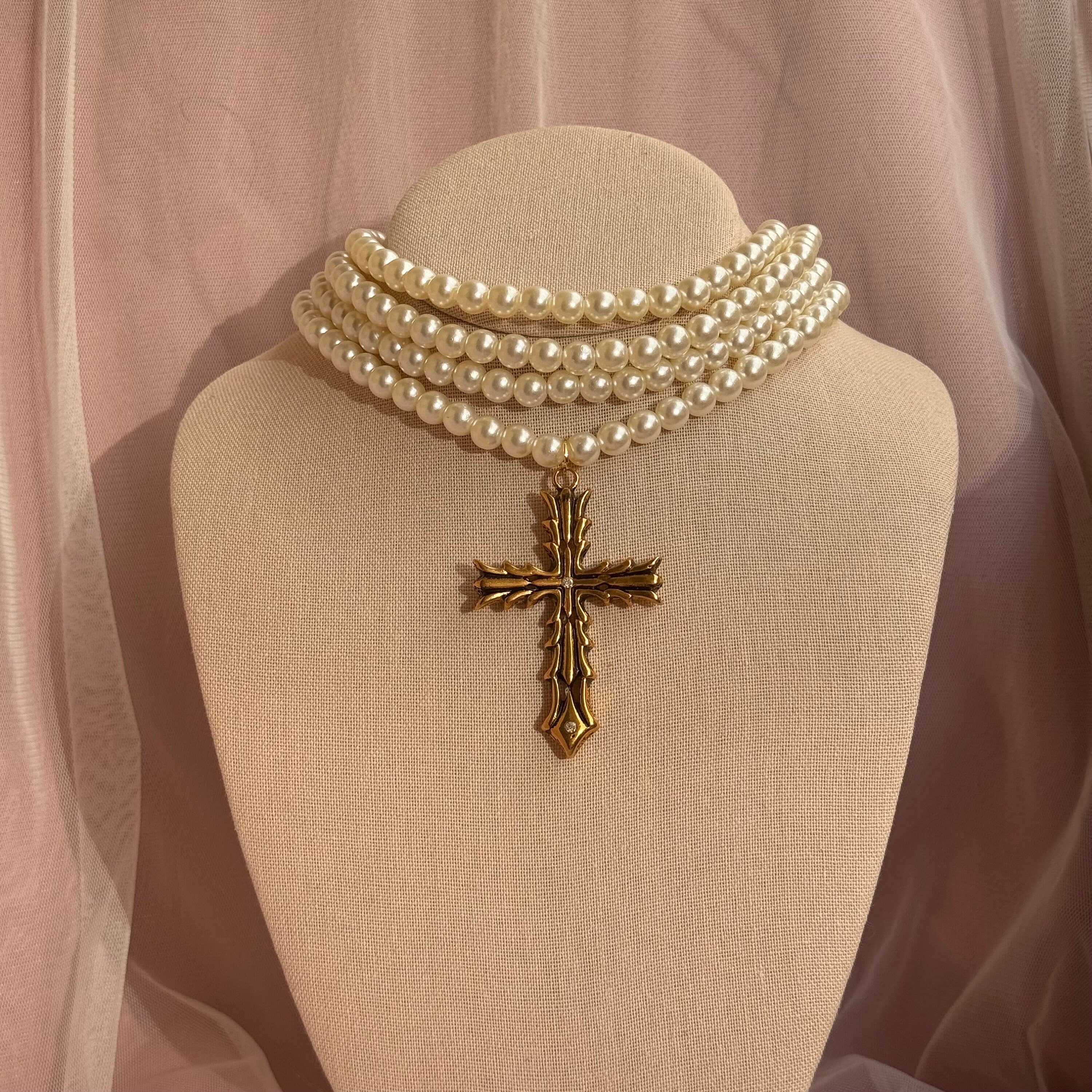 Baroque Pearl Choker: Gold Cross Pendant, Gothic Victorian Necklace