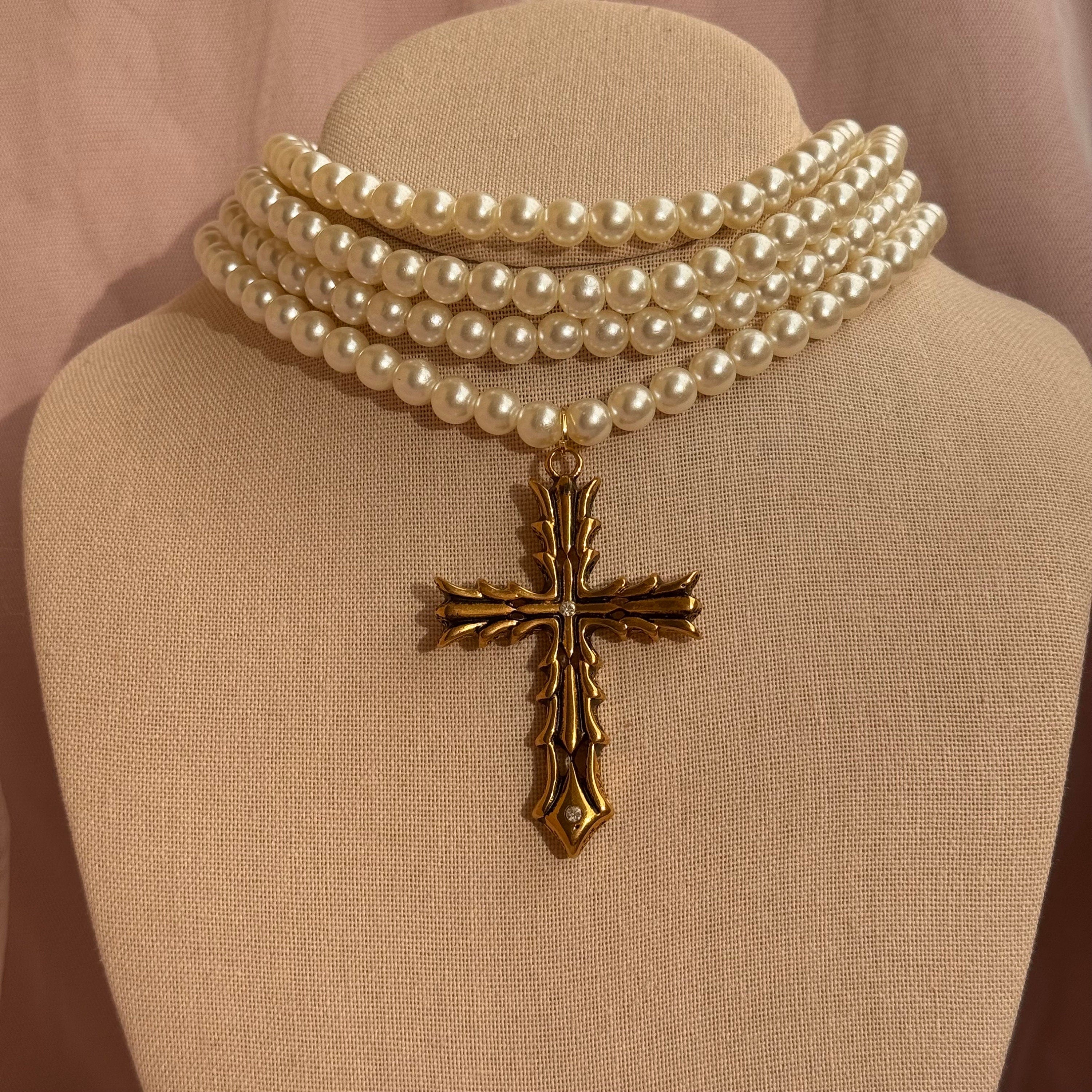 Baroque Pearl Choker: Gold Cross Pendant, Gothic Victorian Necklace