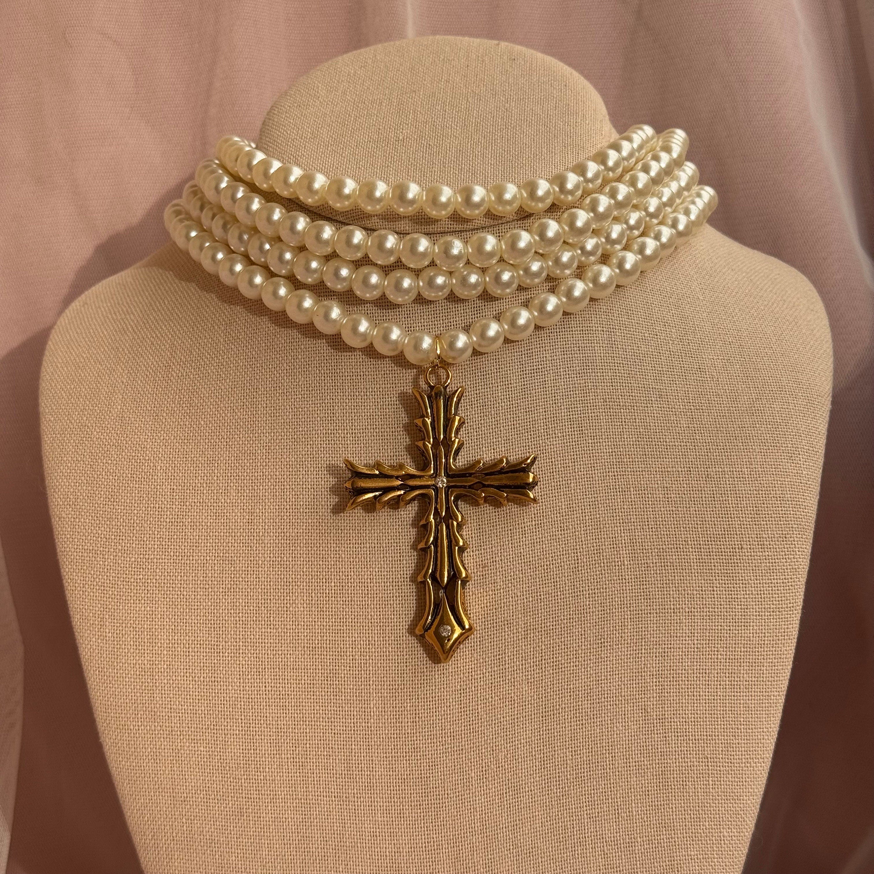 Baroque Pearl Choker: Gold Cross Pendant, Gothic Victorian Necklace