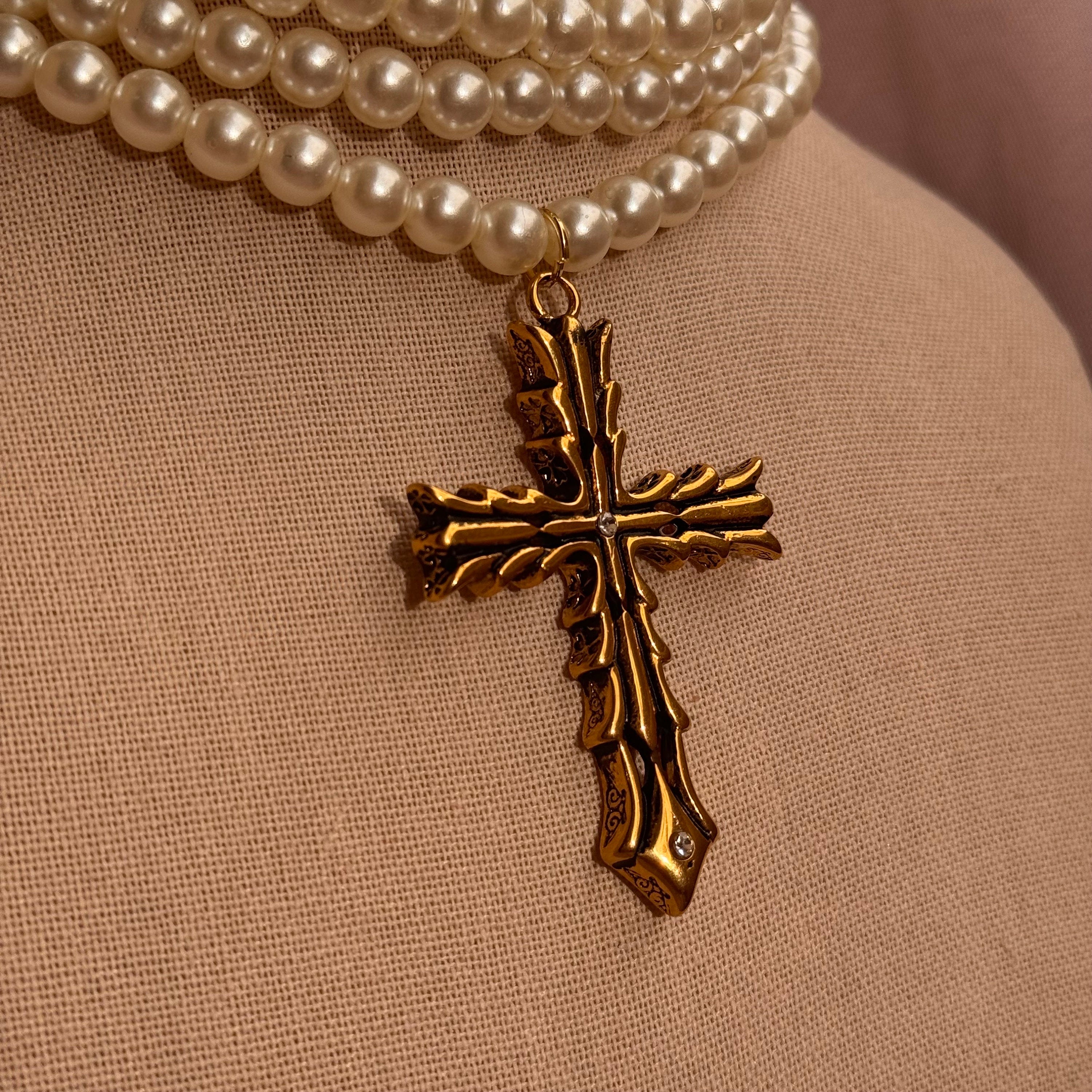 Baroque Pearl Choker: Gold Cross Pendant, Gothic Victorian Necklace