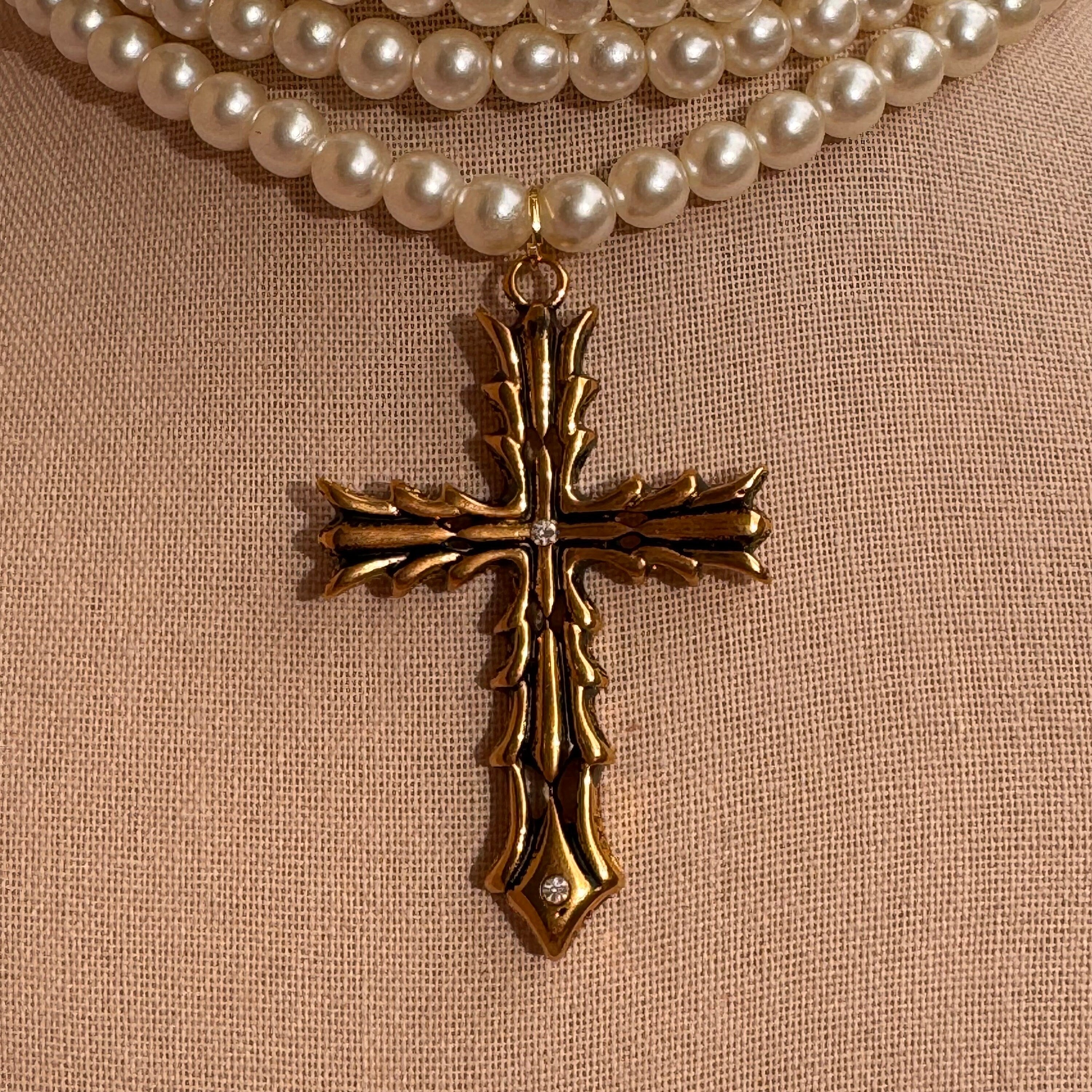 Baroque Pearl Choker: Gold Cross Pendant, Gothic Victorian Necklace
