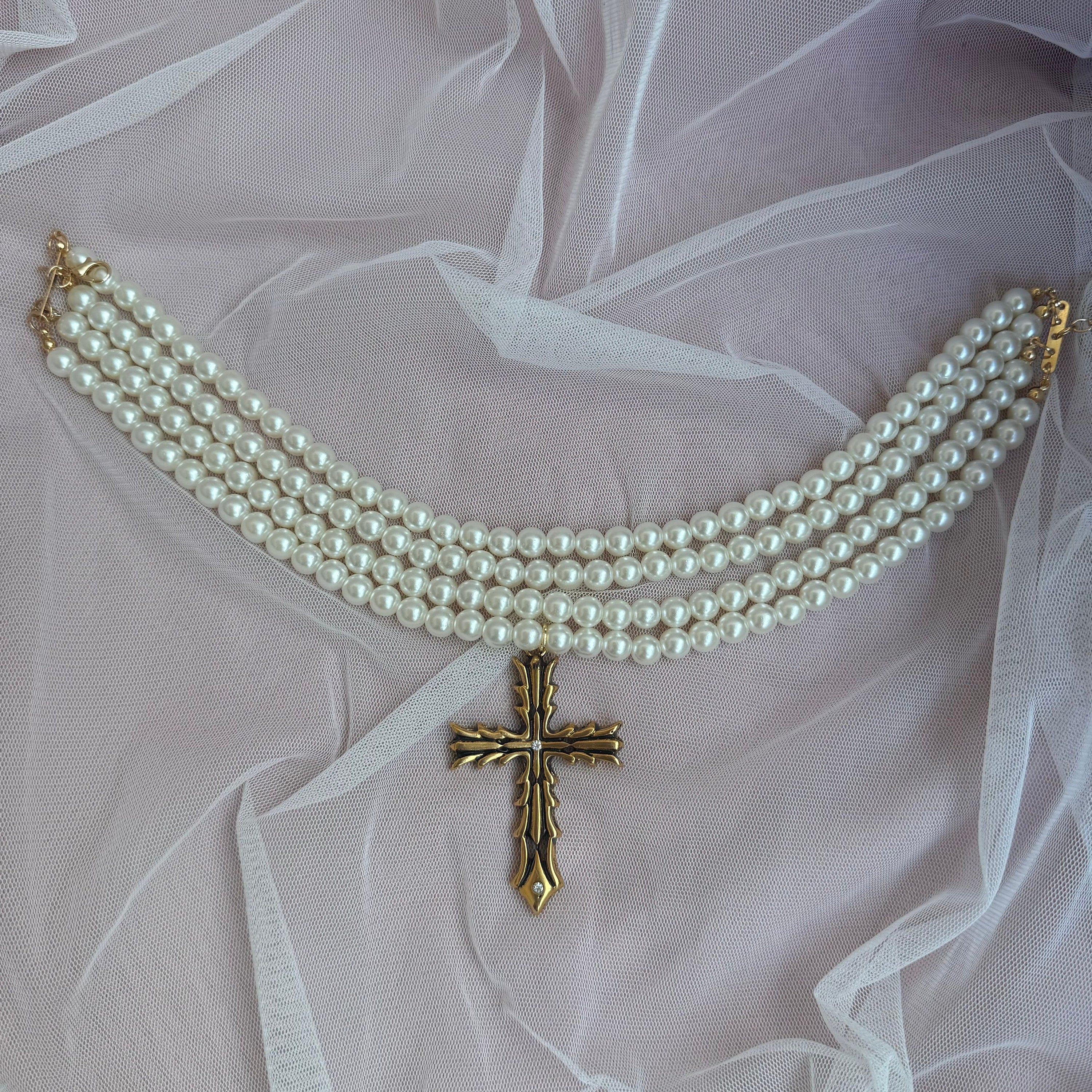 Baroque Pearl Choker: Gold Cross Pendant, Gothic Victorian Necklace