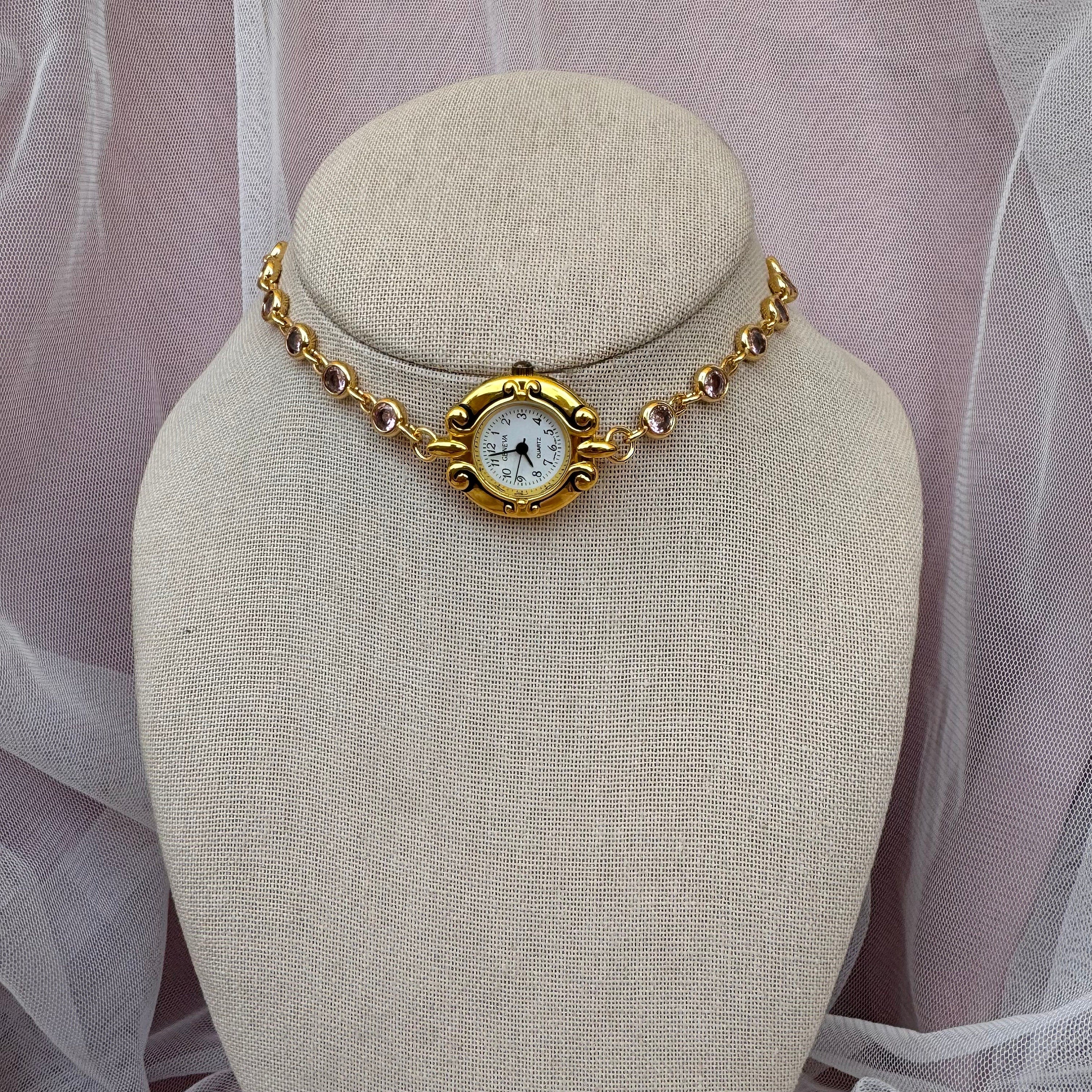 Watch Choker Necklace with Pink Rhinestones