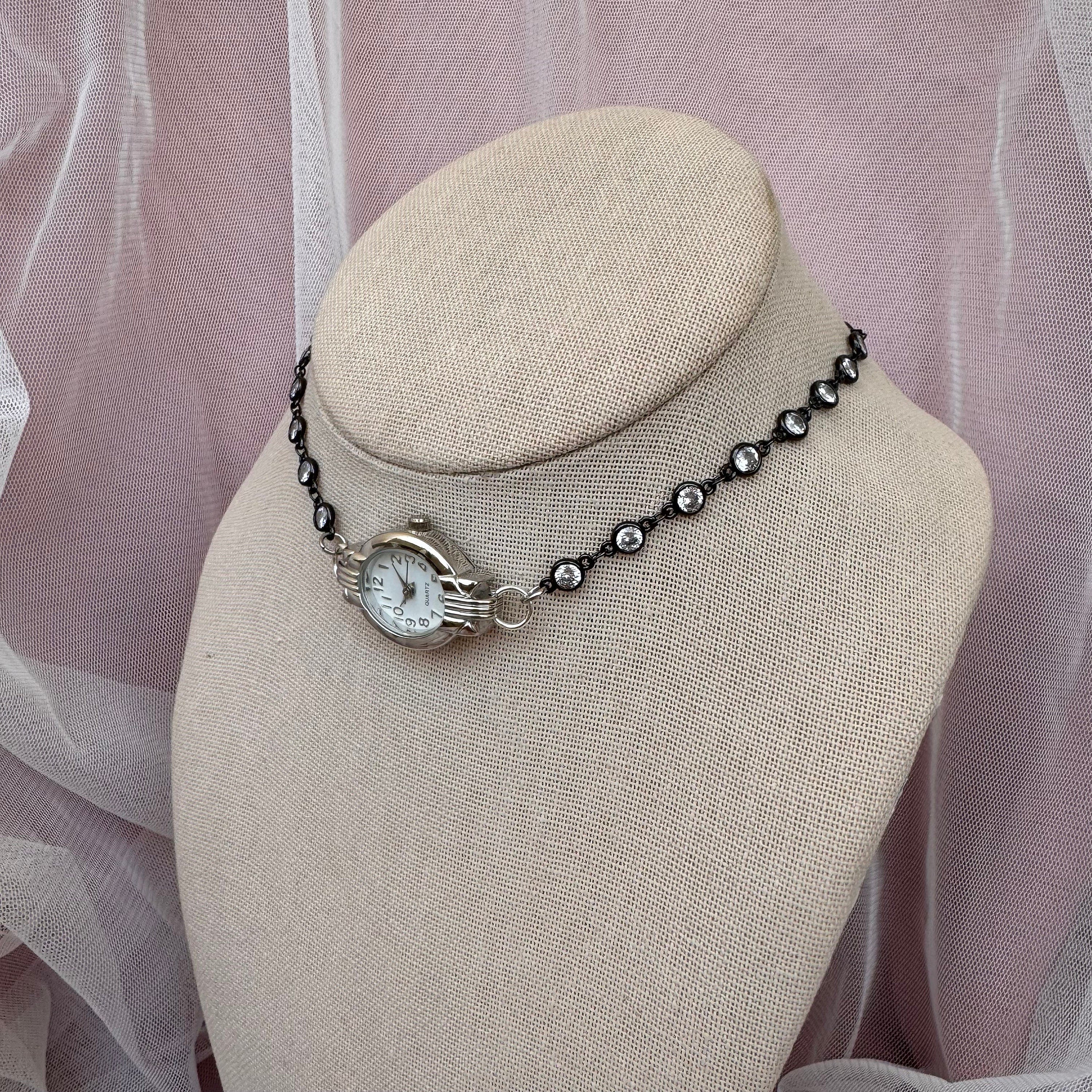 Dainty Watch Choker Necklace with White Watch Face and Rhinestones