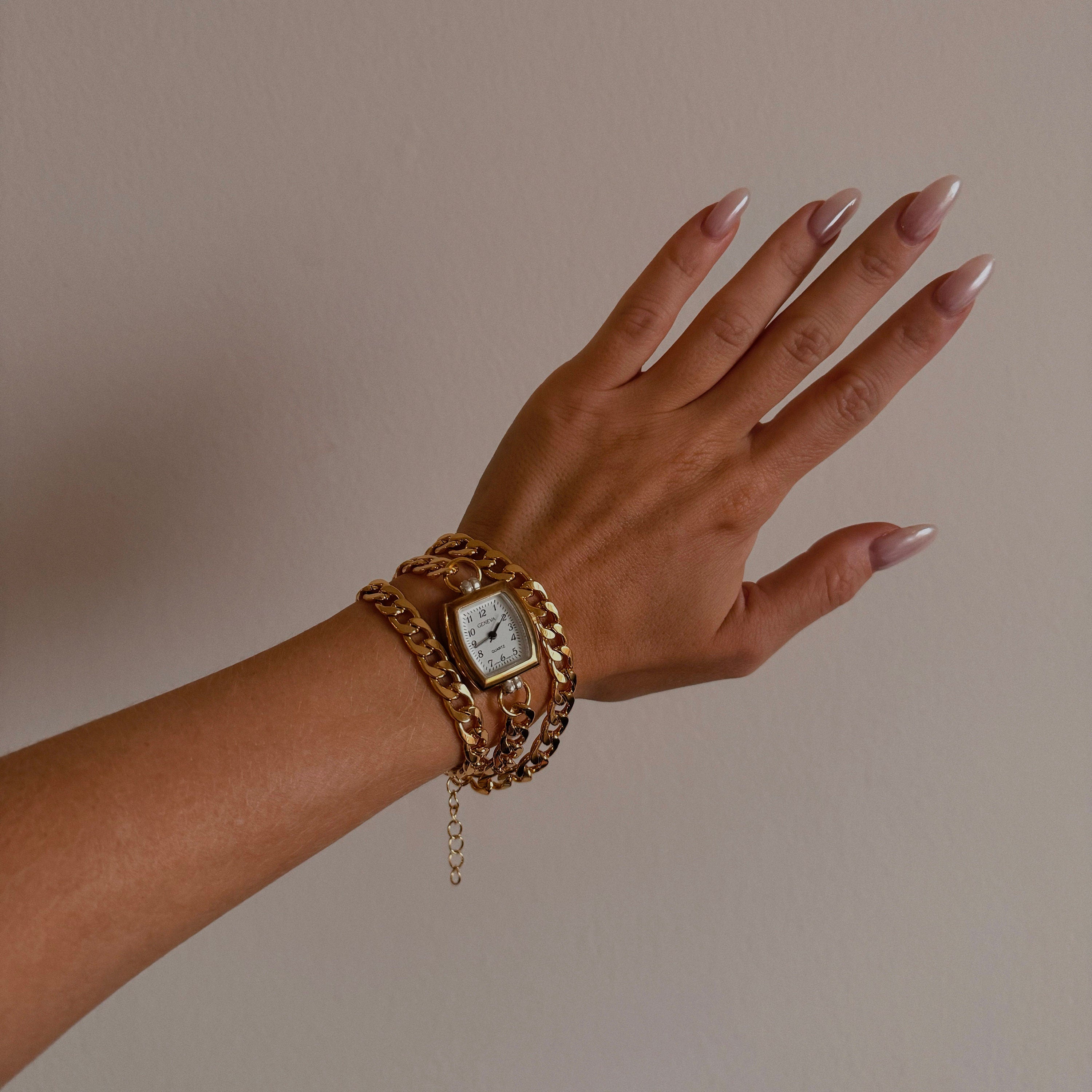 Watch Bracelet with Double Gold Chain