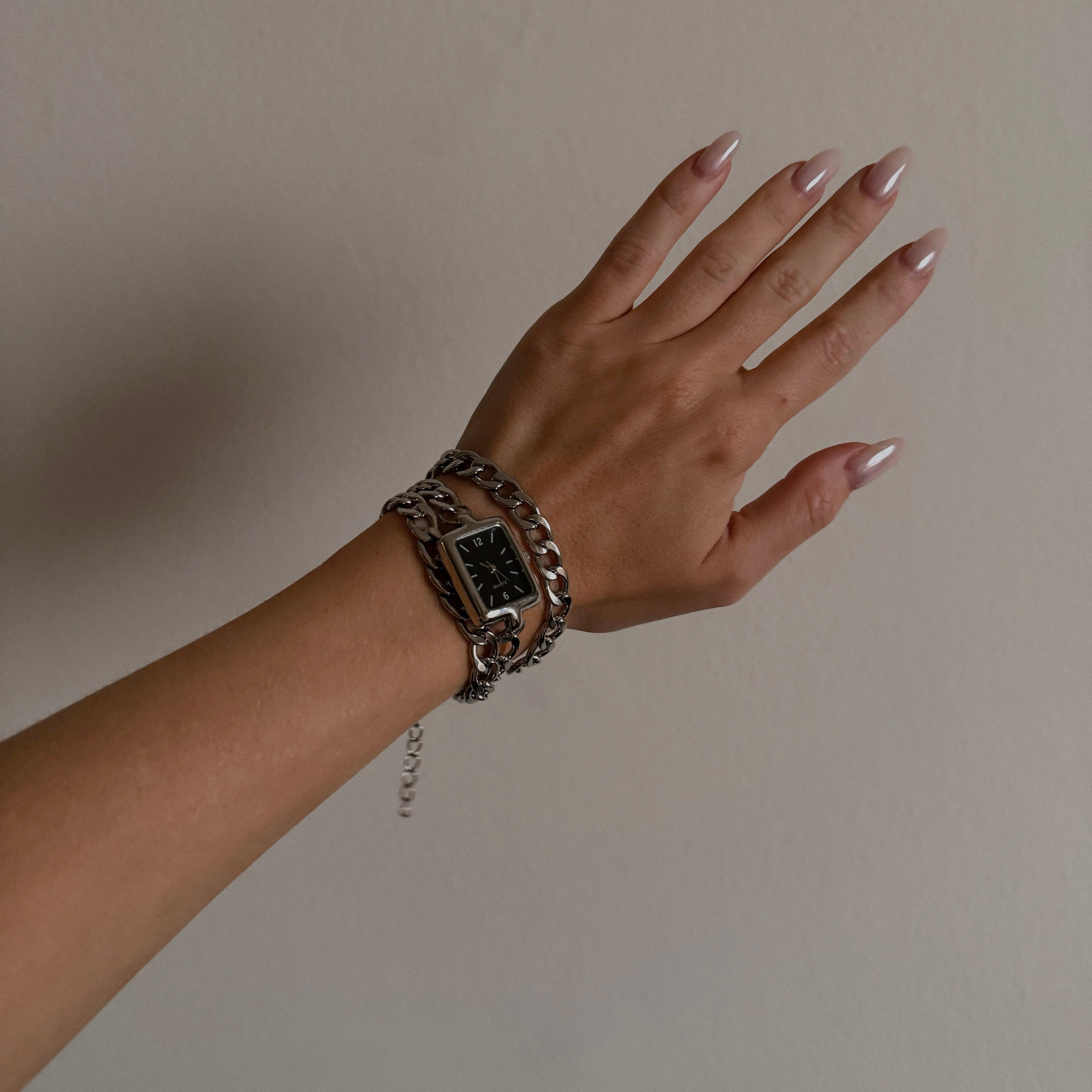Watch Bracelet with Black Face and  Double Silver Chain