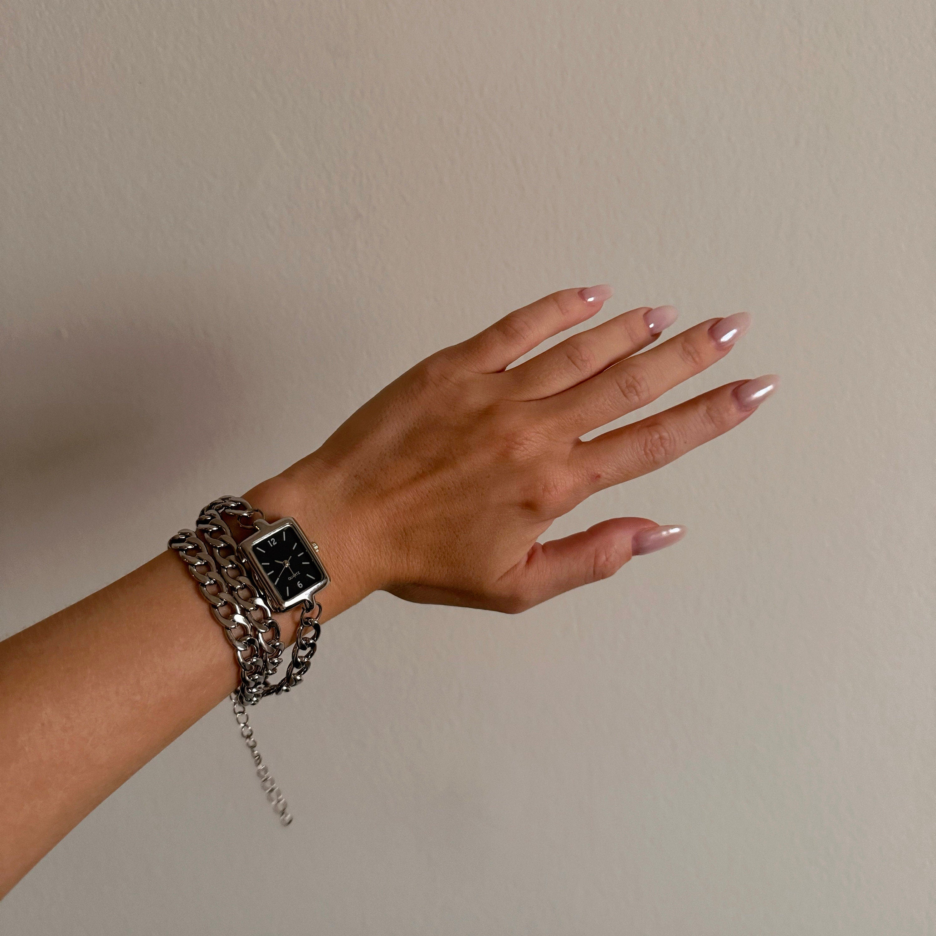 Watch Bracelet with Black Face and  Double Silver Chain