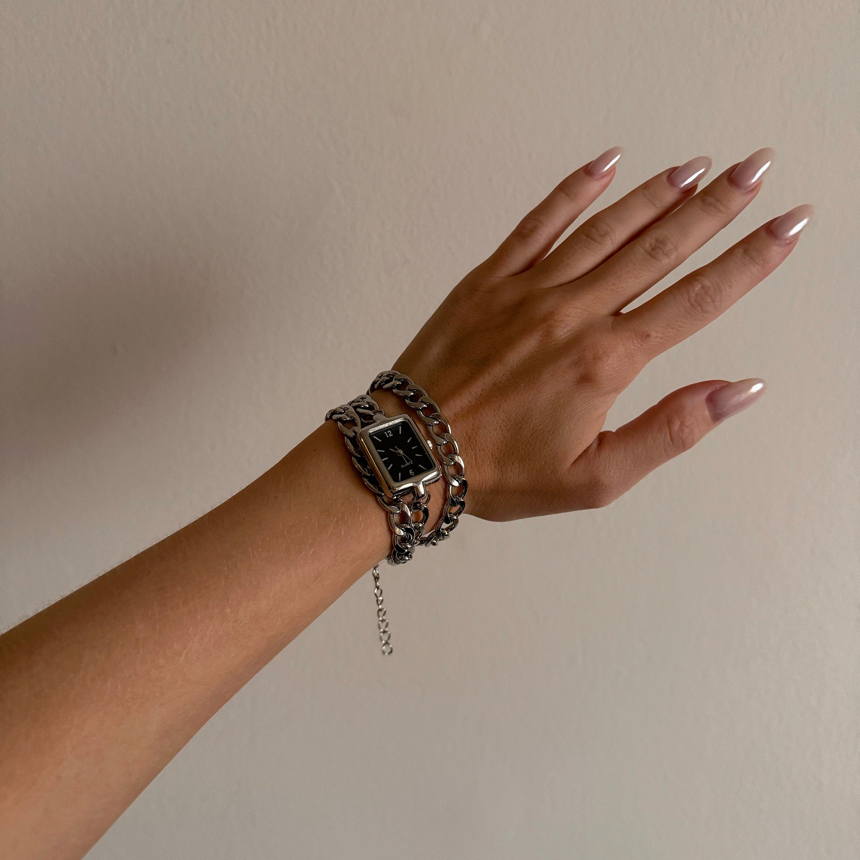 Watch Bracelet with Black Face and  Double Silver Chain