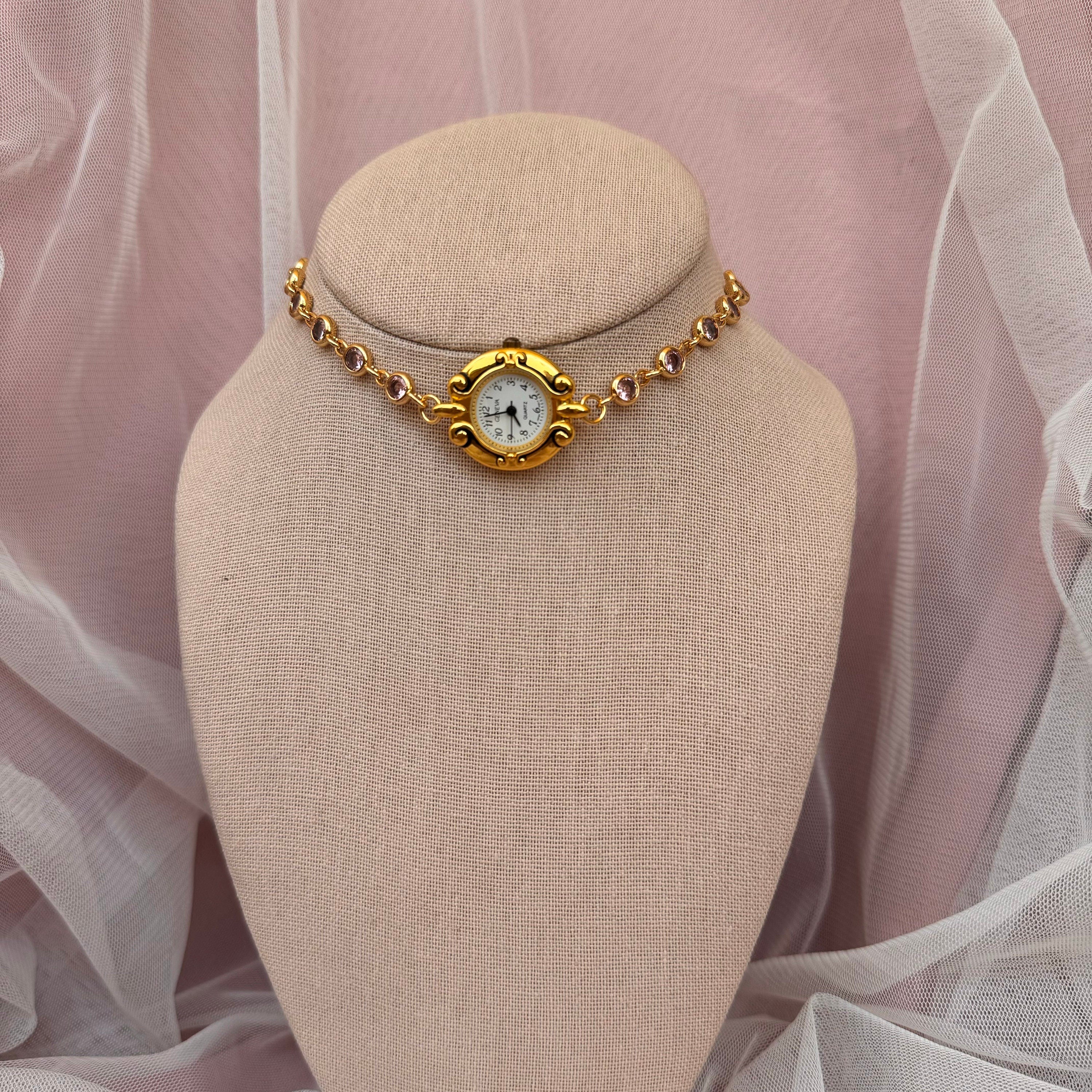 Watch Choker Necklace with Pink Rhinestones