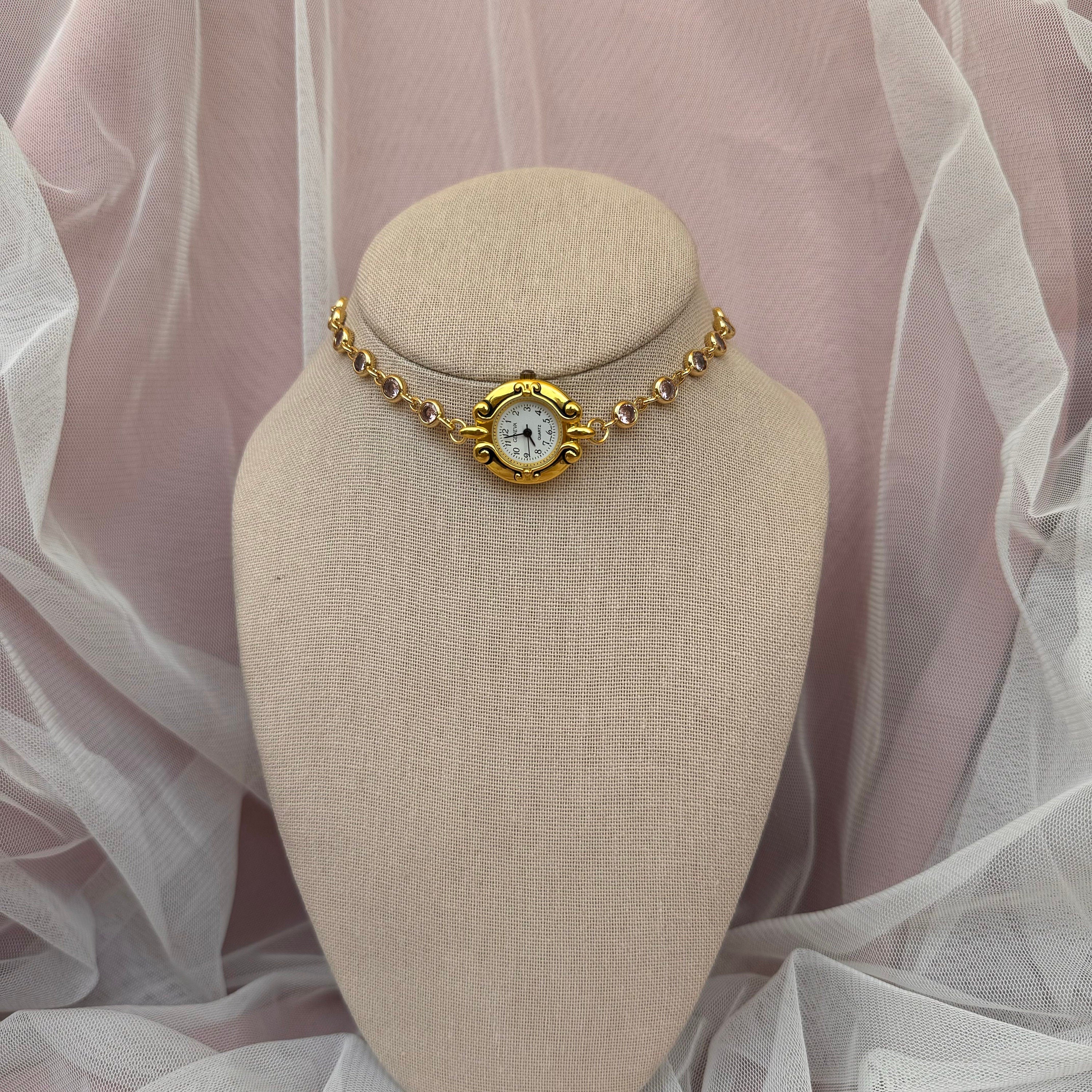 Watch Choker Necklace with Pink Rhinestones