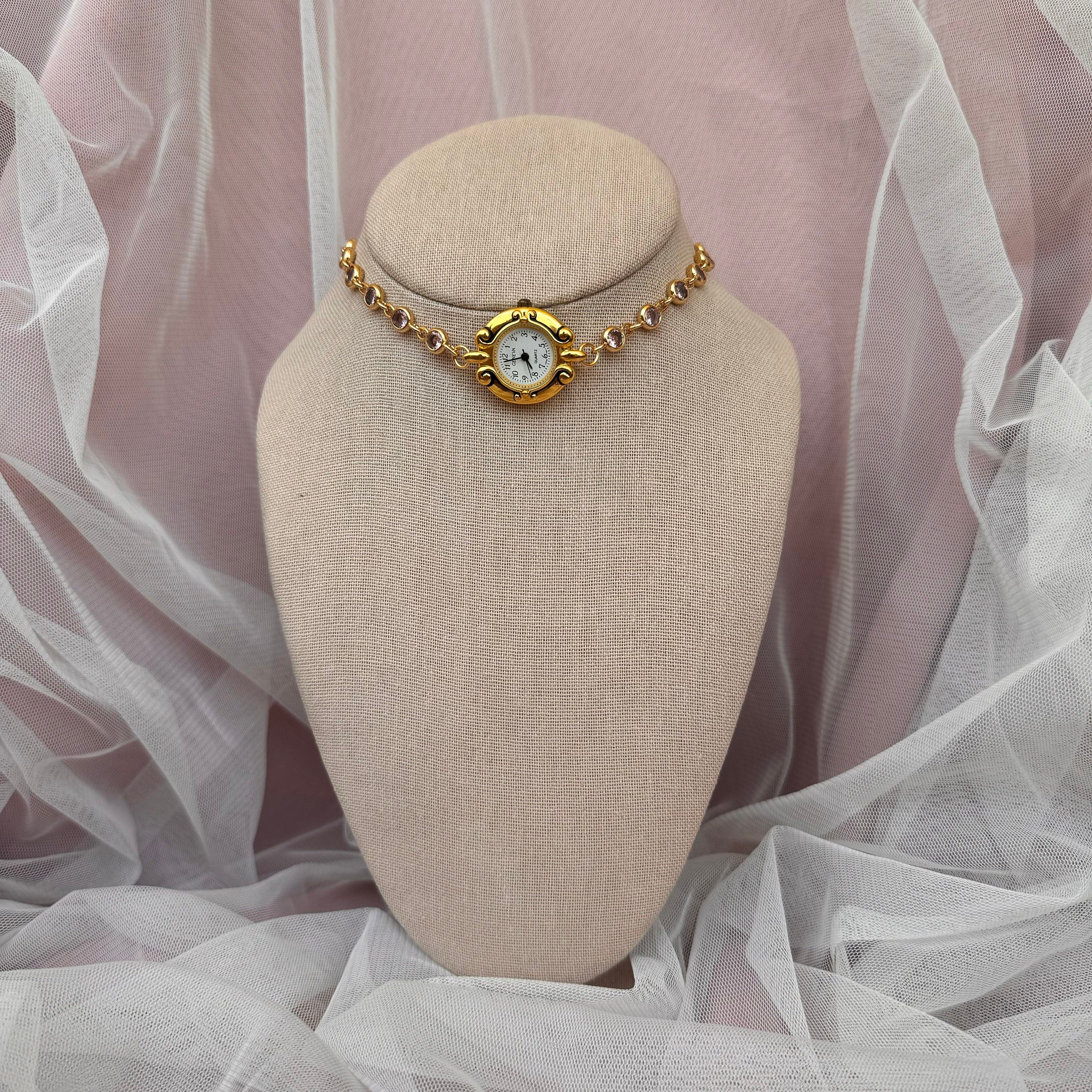 Watch Choker Necklace with Pink Rhinestones