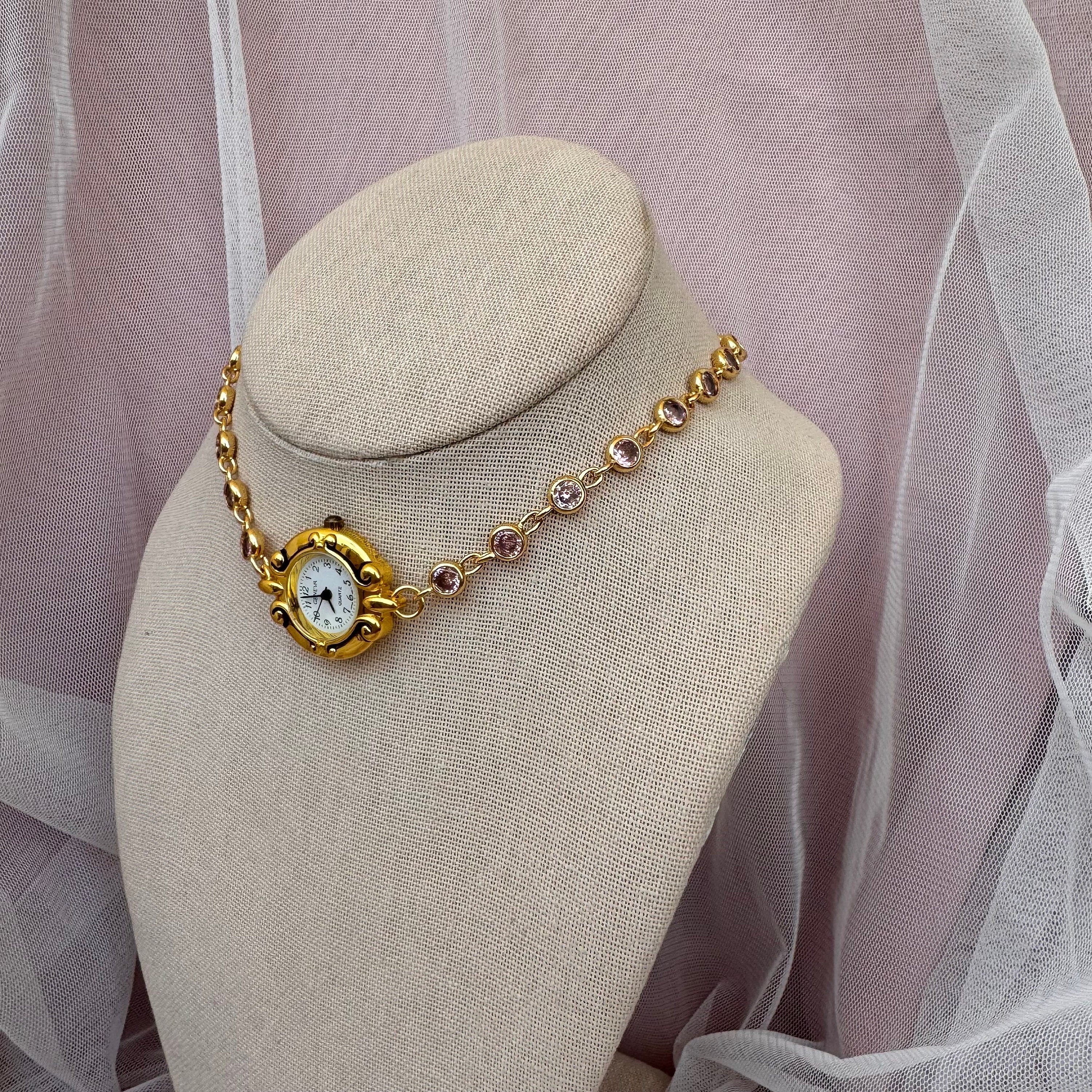 Watch Choker Necklace with Pink Rhinestones