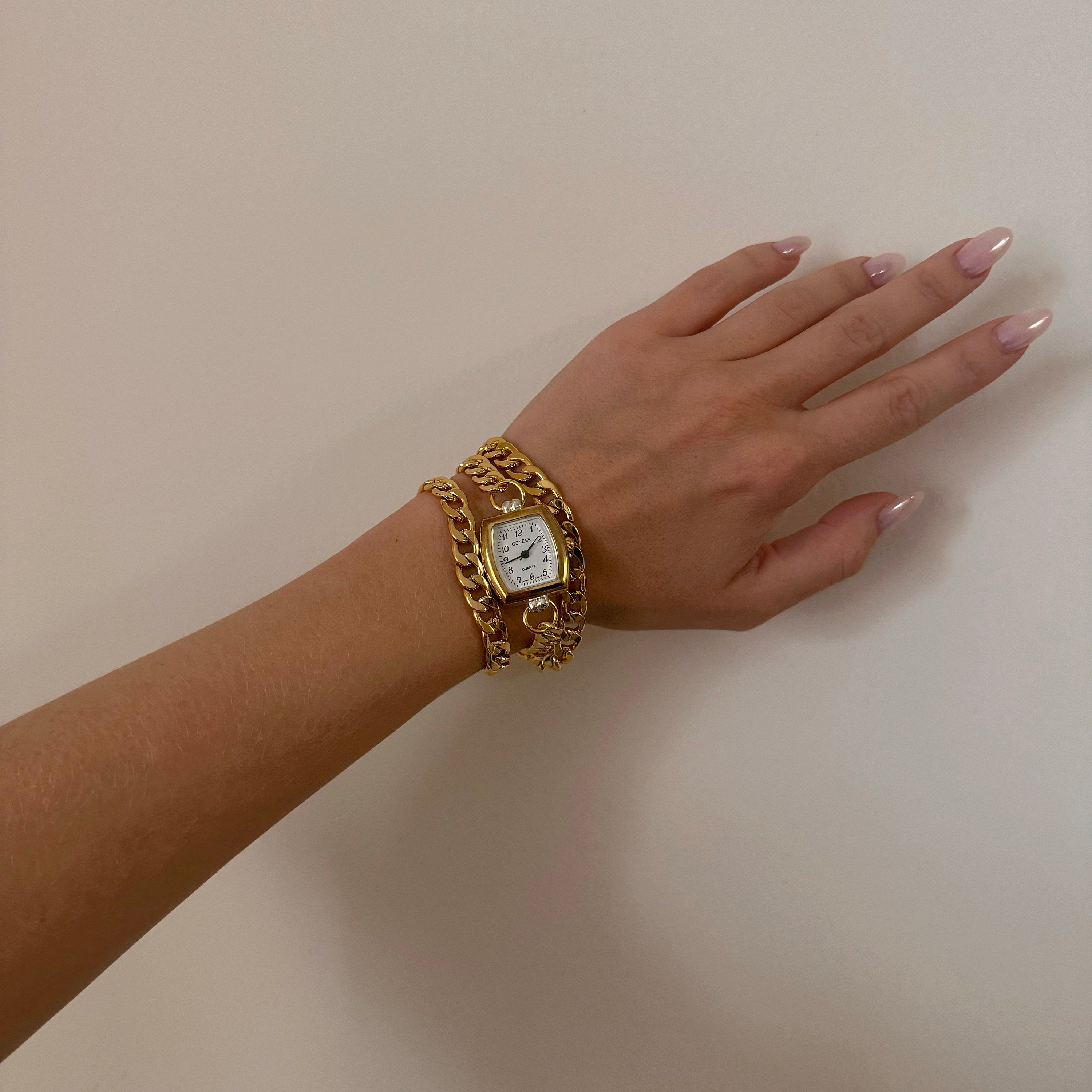 Watch Bracelet with Double Gold Chain