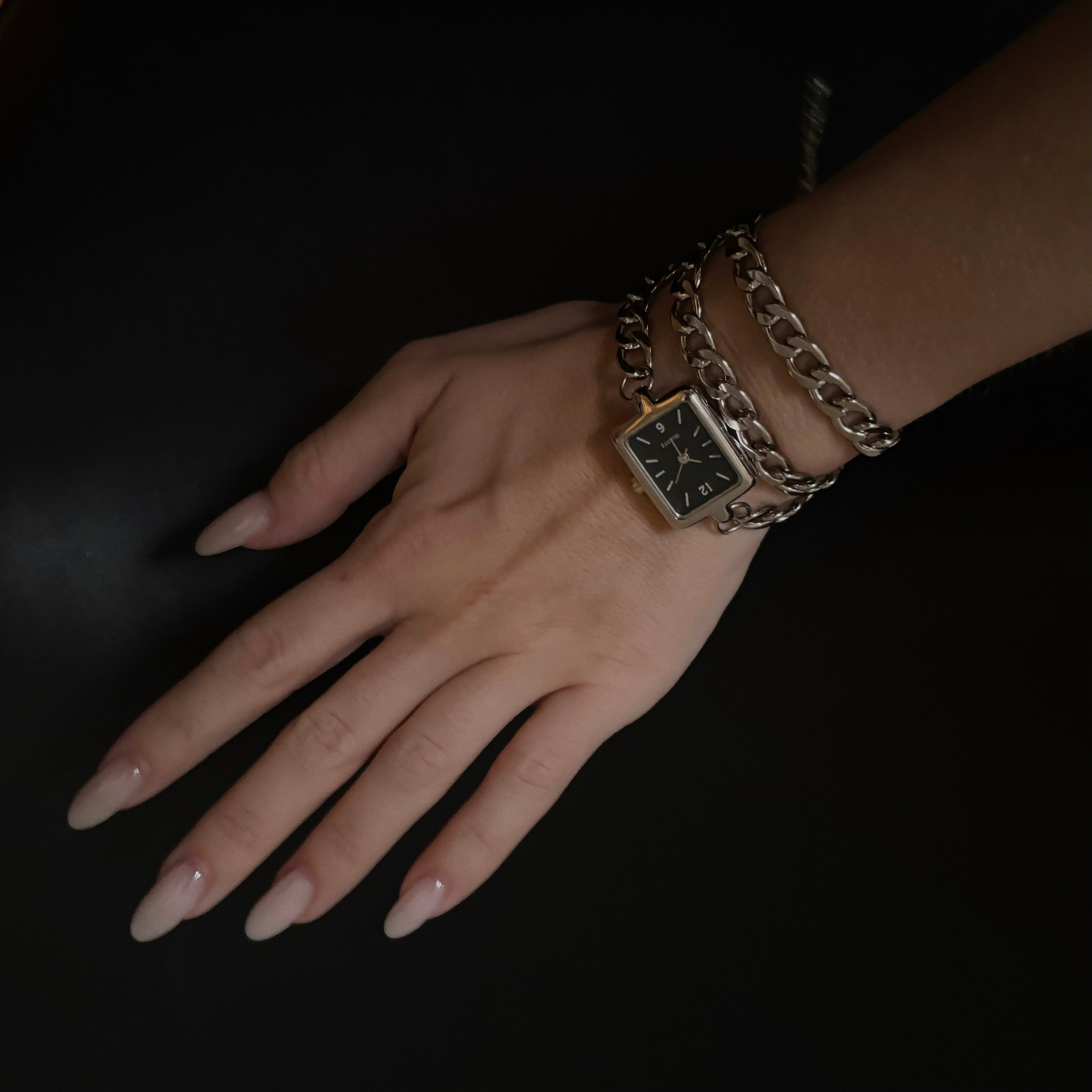 Watch Bracelet with Black Face and  Double Silver Chain