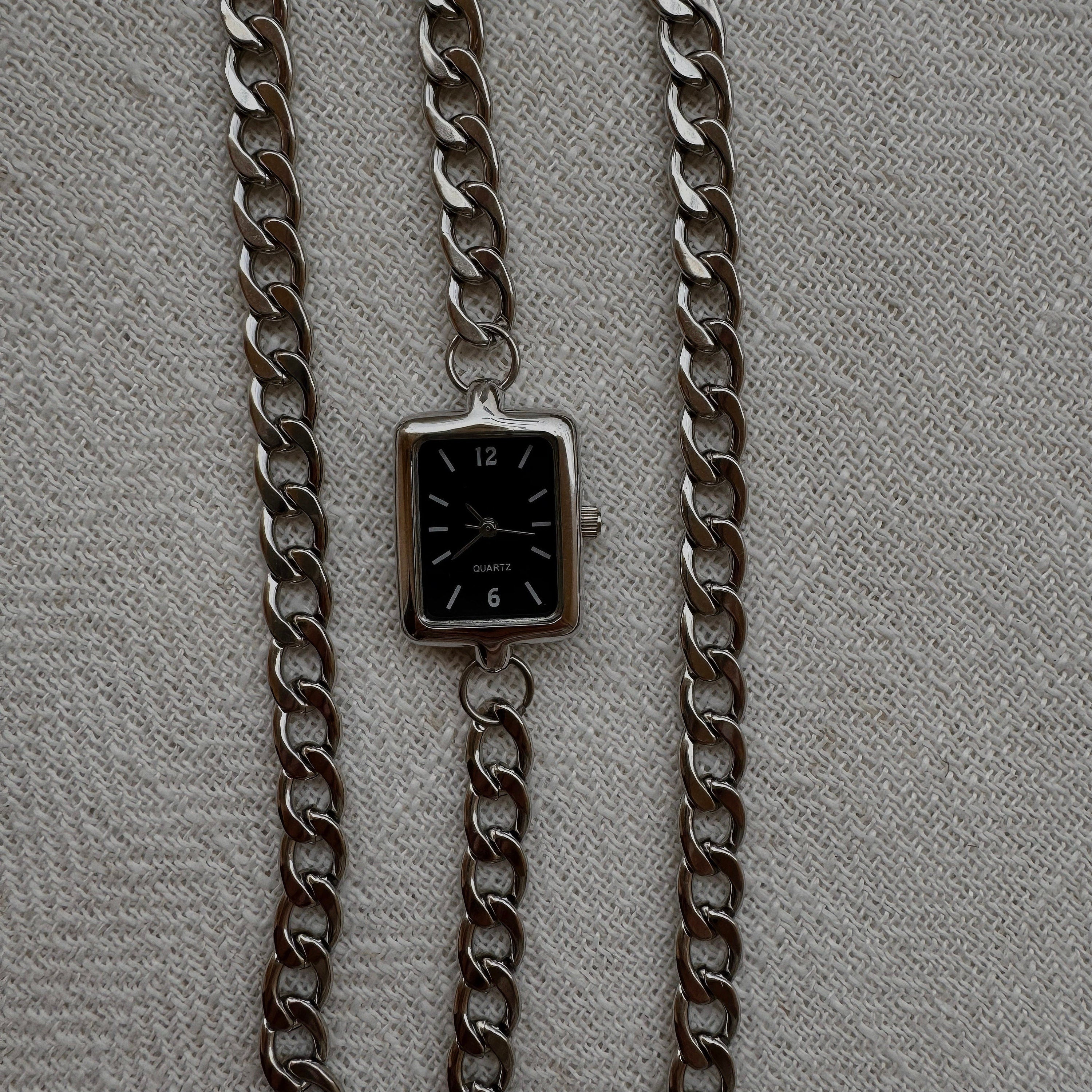 Watch Bracelet with Black Face and  Double Silver Chain