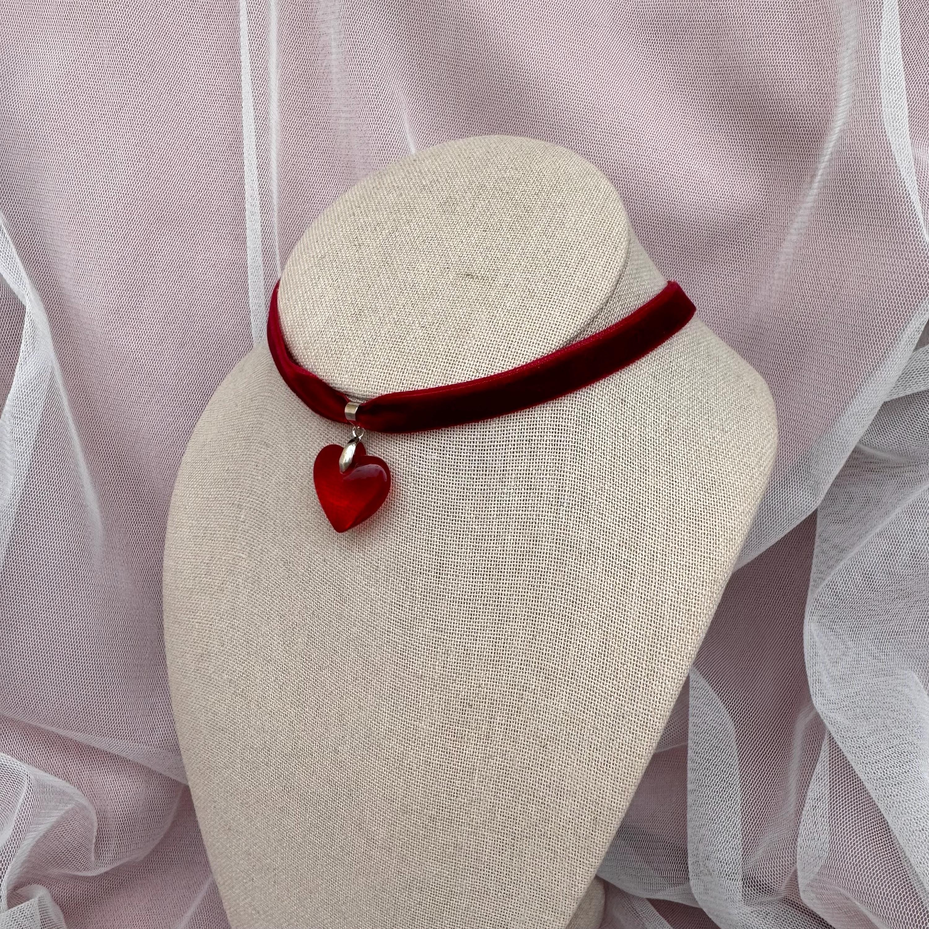 Velvet Ribbon Red Heart Choker