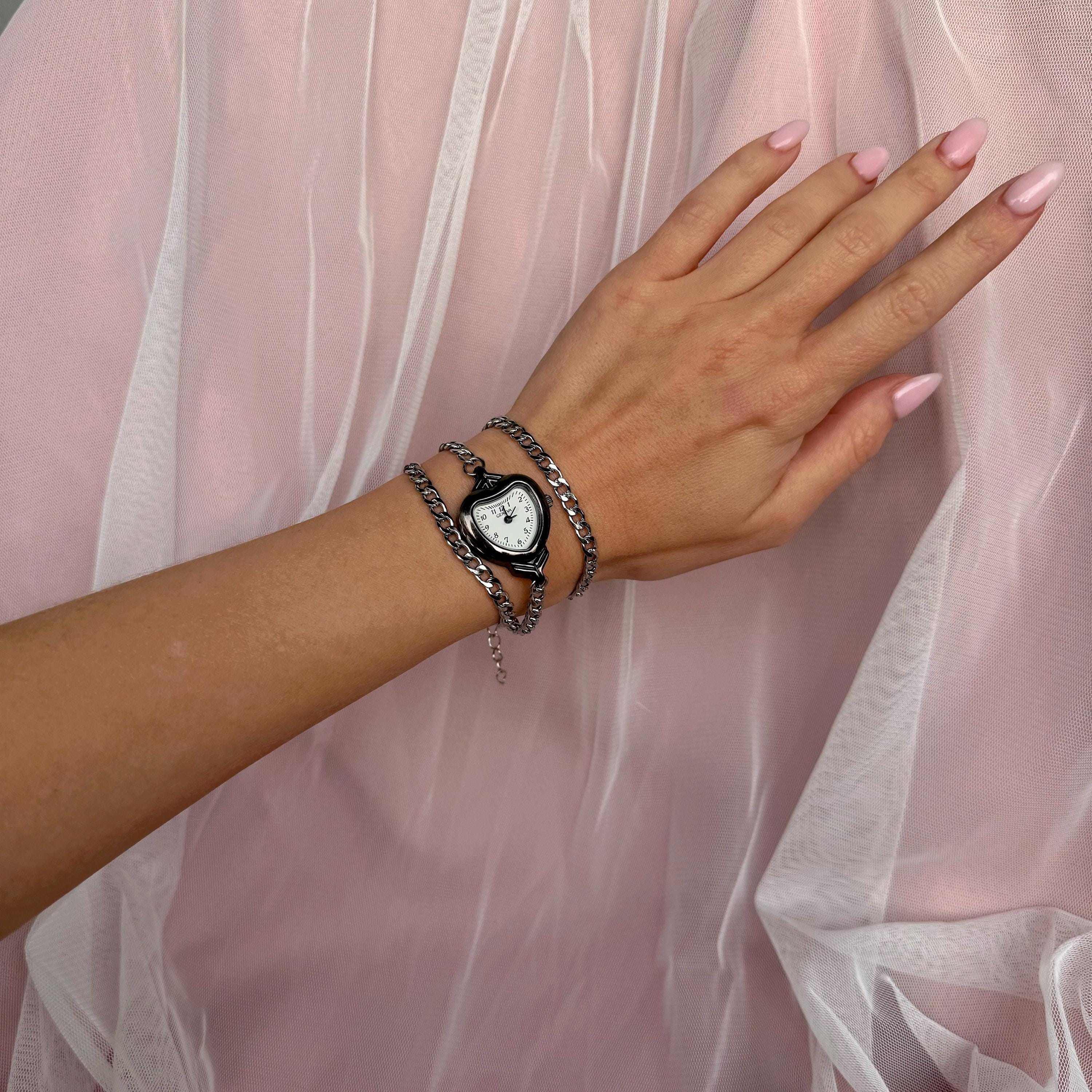 Heart-Shaped Layered Watch Bracelet – Double Chain Elegant Jewelry for Women