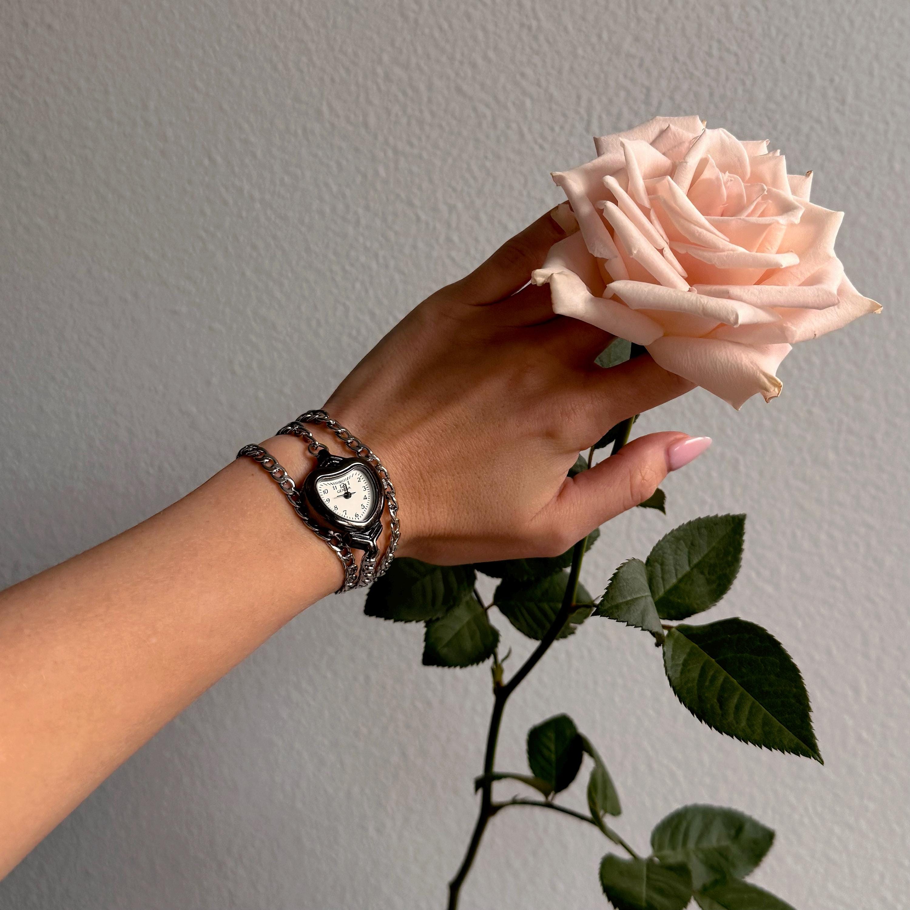 Heart-Shaped Layered Watch Bracelet – Double Chain Elegant Jewelry for Women