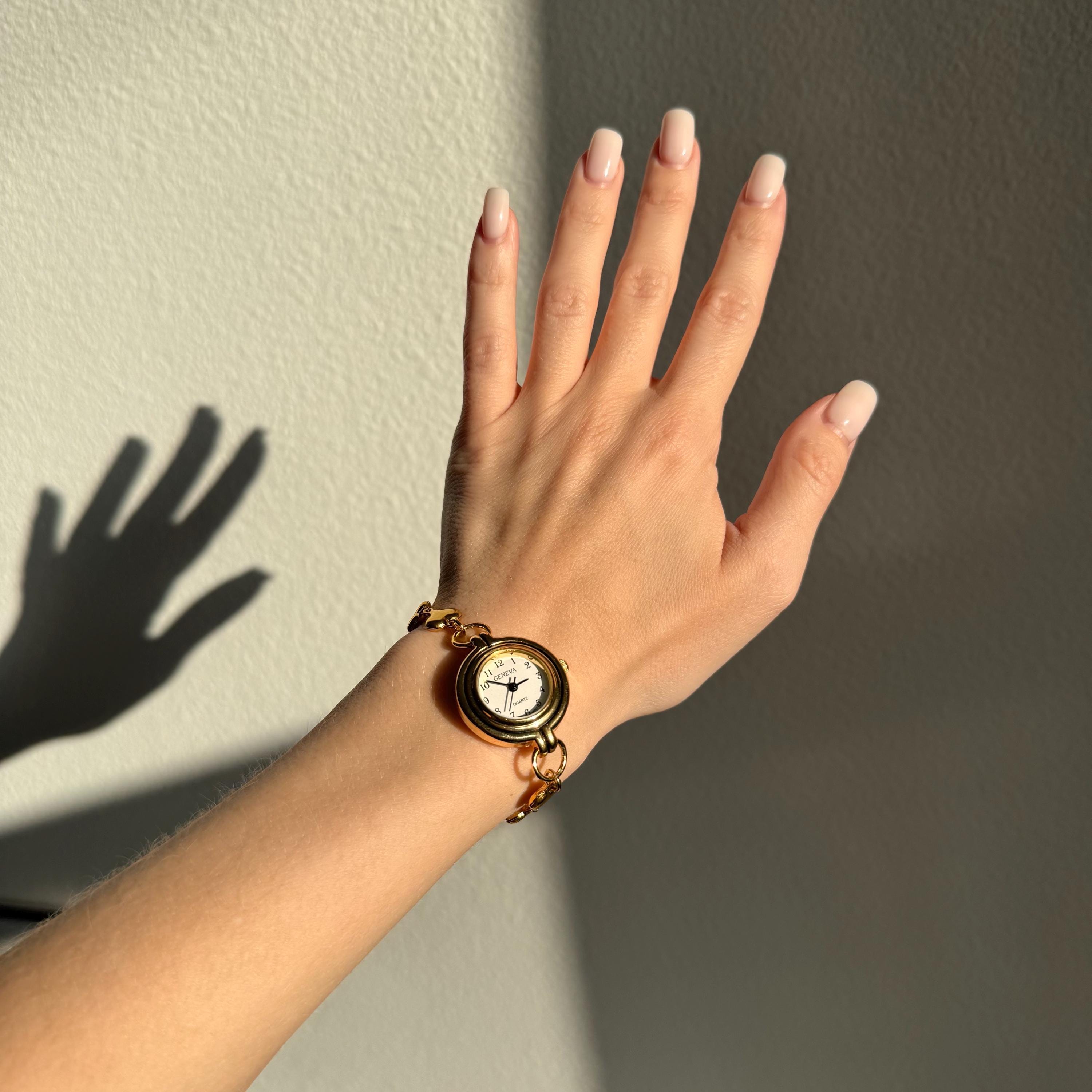 Gold Heart Watch Bracelet: Stainless Steel Band, Adjustable Fit