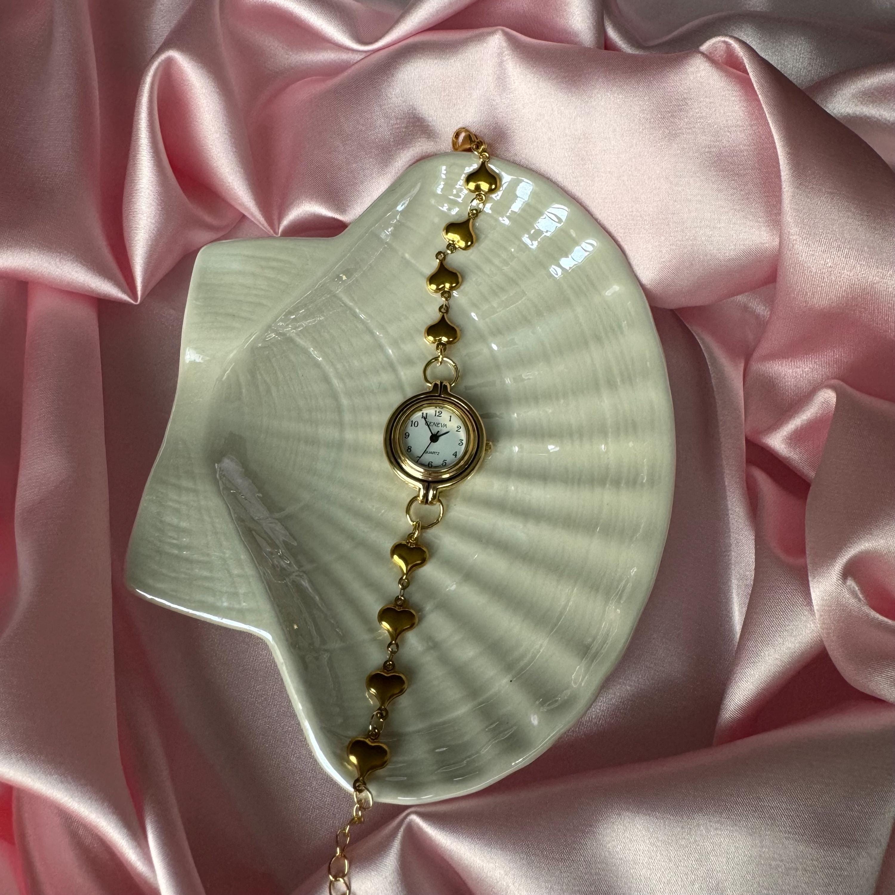 Gold Heart Watch Bracelet: Stainless Steel Band, Adjustable Fit