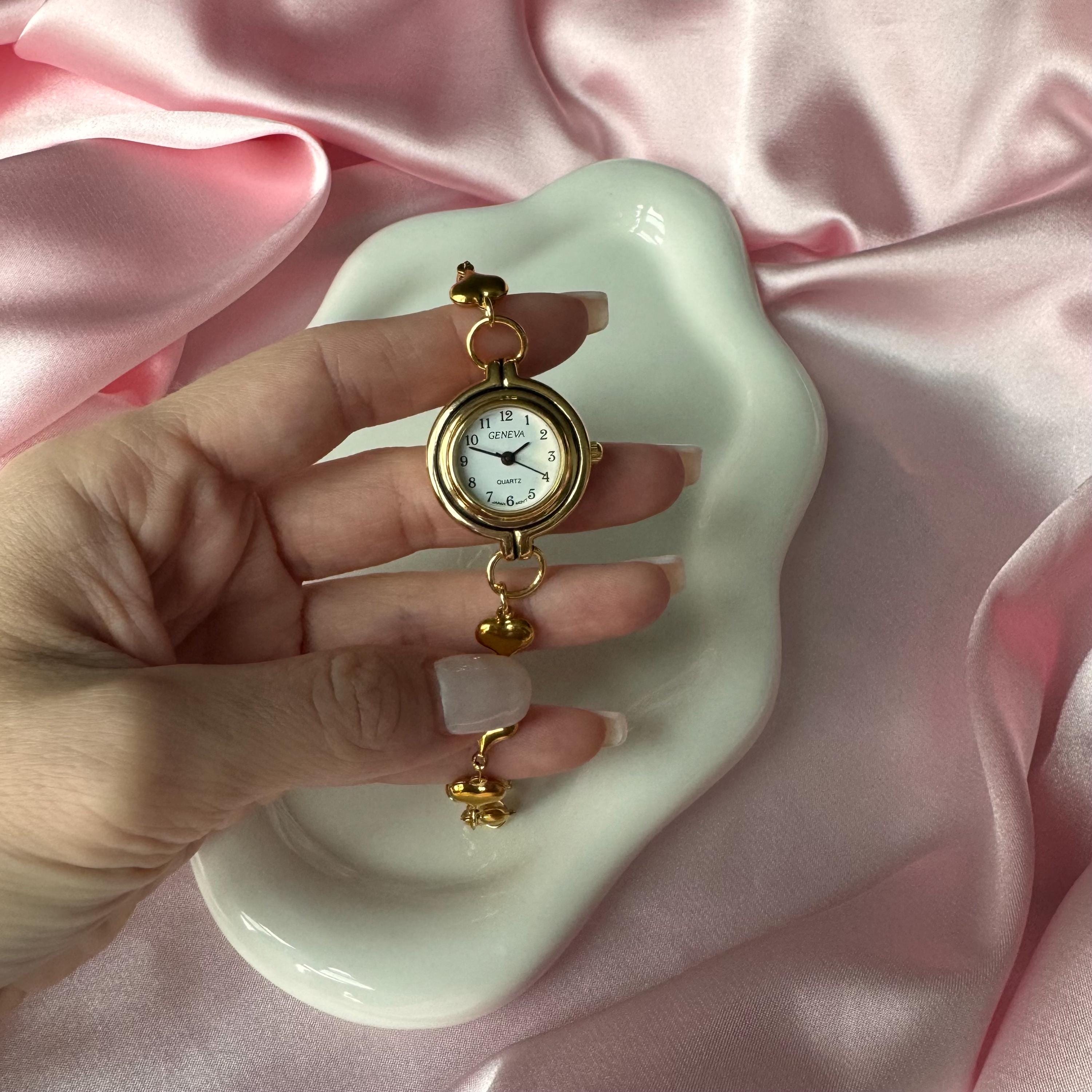 Gold Heart Watch Bracelet: Stainless Steel Band, Adjustable Fit