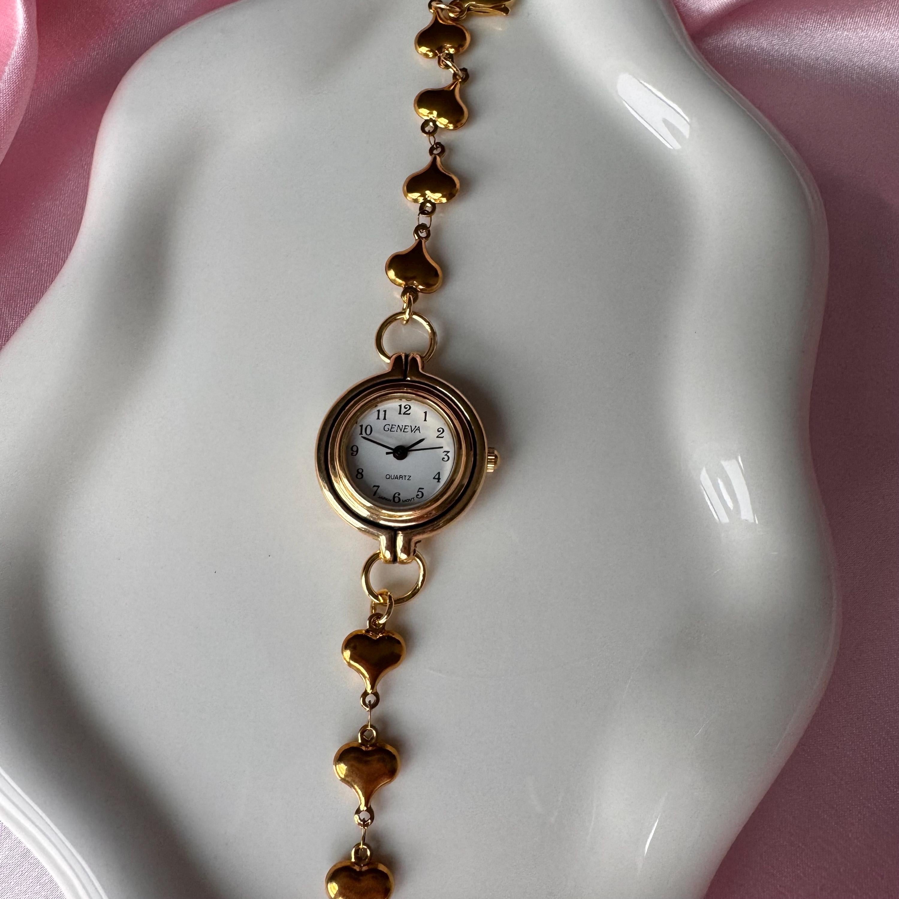 Gold Heart Watch Bracelet: Stainless Steel Band, Adjustable Fit