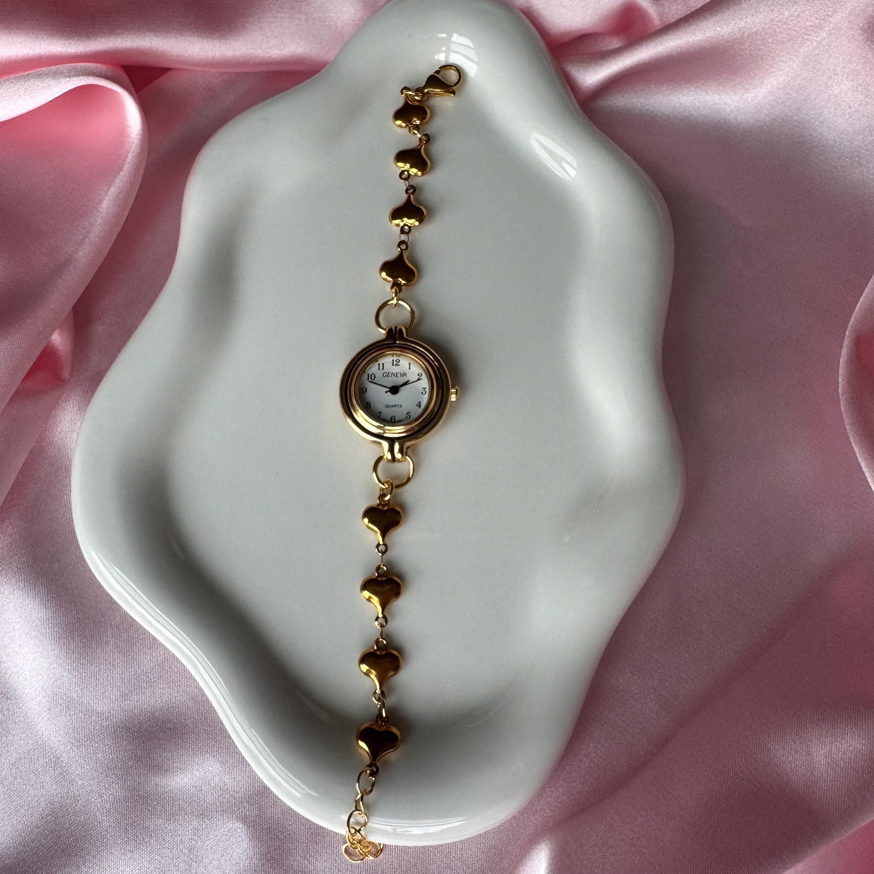 Gold Heart Watch Bracelet: Stainless Steel Band, Adjustable Fit