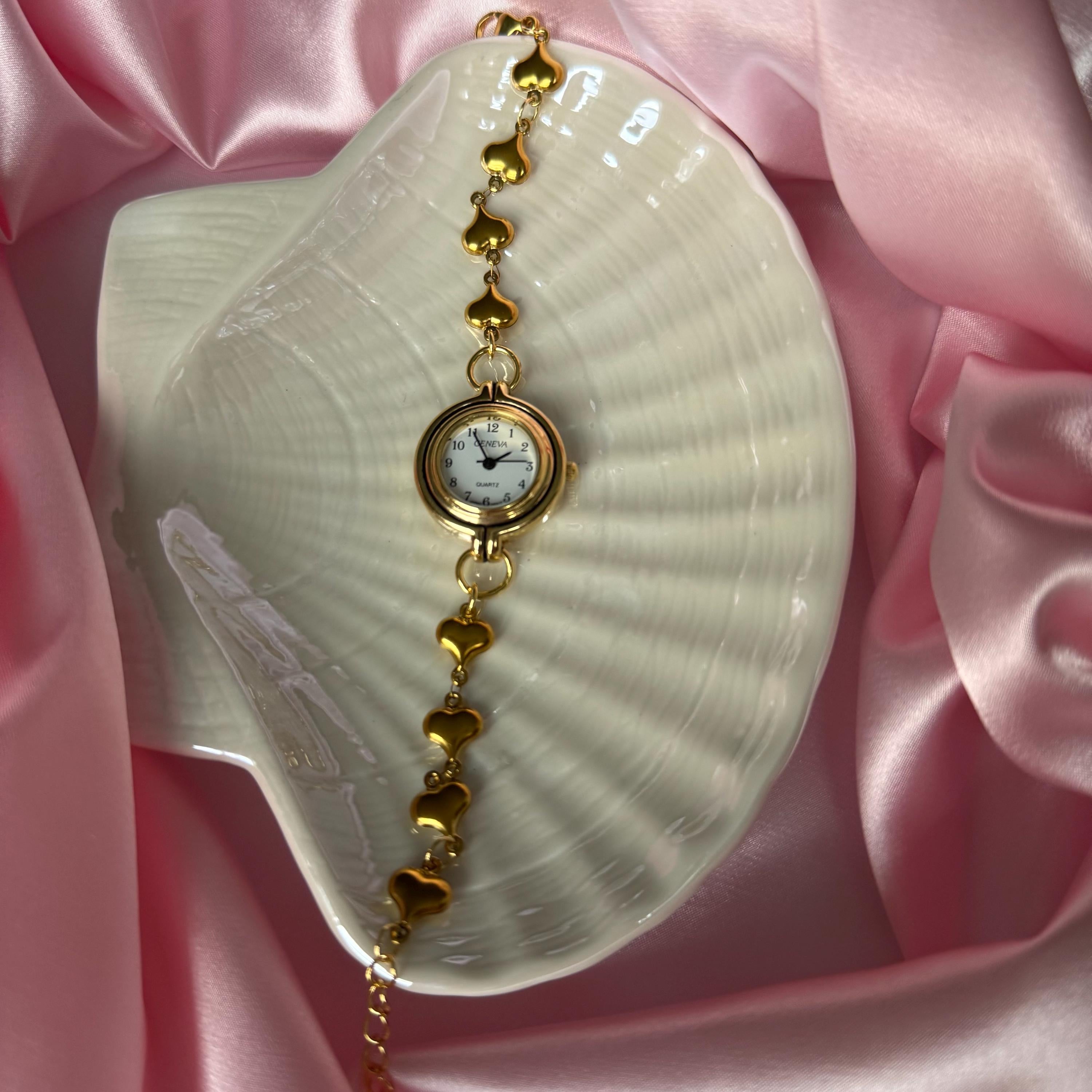 Gold Heart Watch Bracelet: Stainless Steel Band, Adjustable Fit
