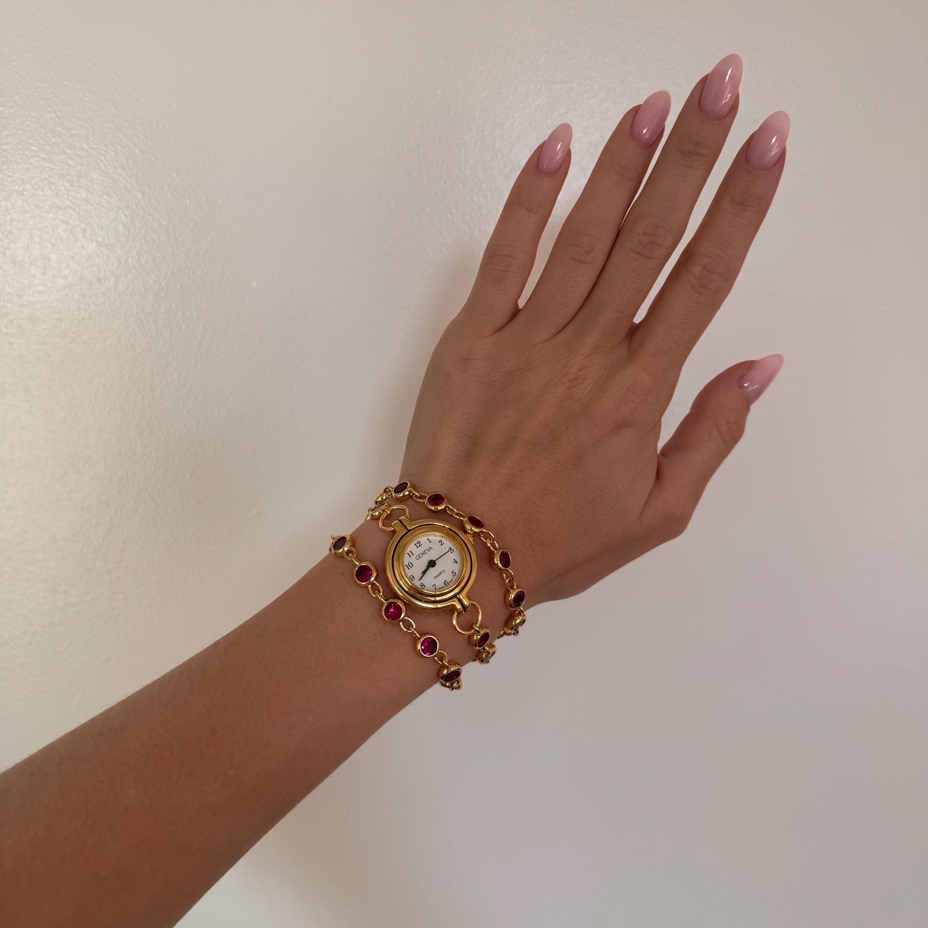 Vintage-Inspired Burgundy Rhinestone Watch Bracelet: Gold Chain Wristwatch
