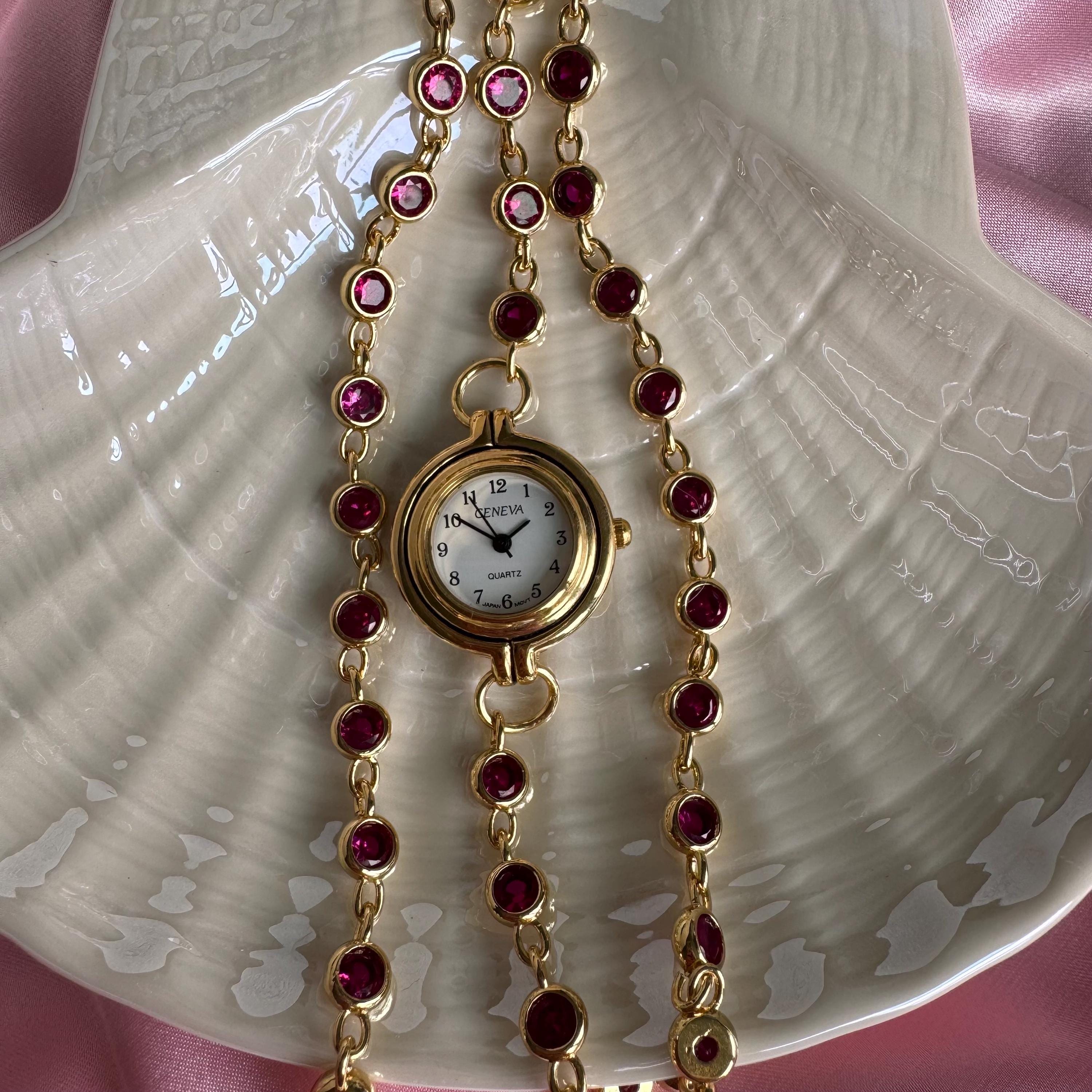 Vintage-Inspired Burgundy Rhinestone Watch Bracelet: Gold Chain Wristwatch