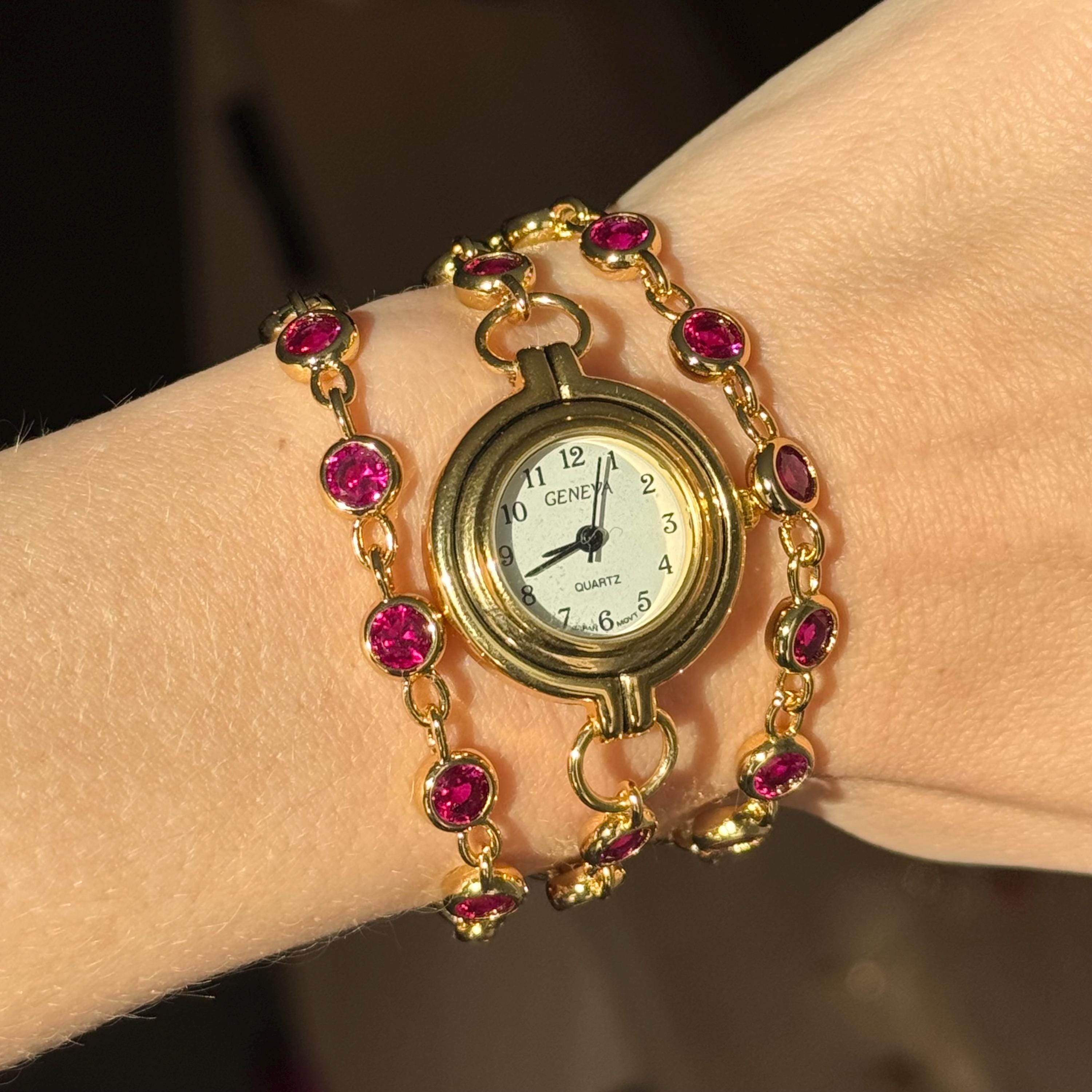 Vintage-Inspired Burgundy Rhinestone Watch Bracelet: Gold Chain Wristwatch