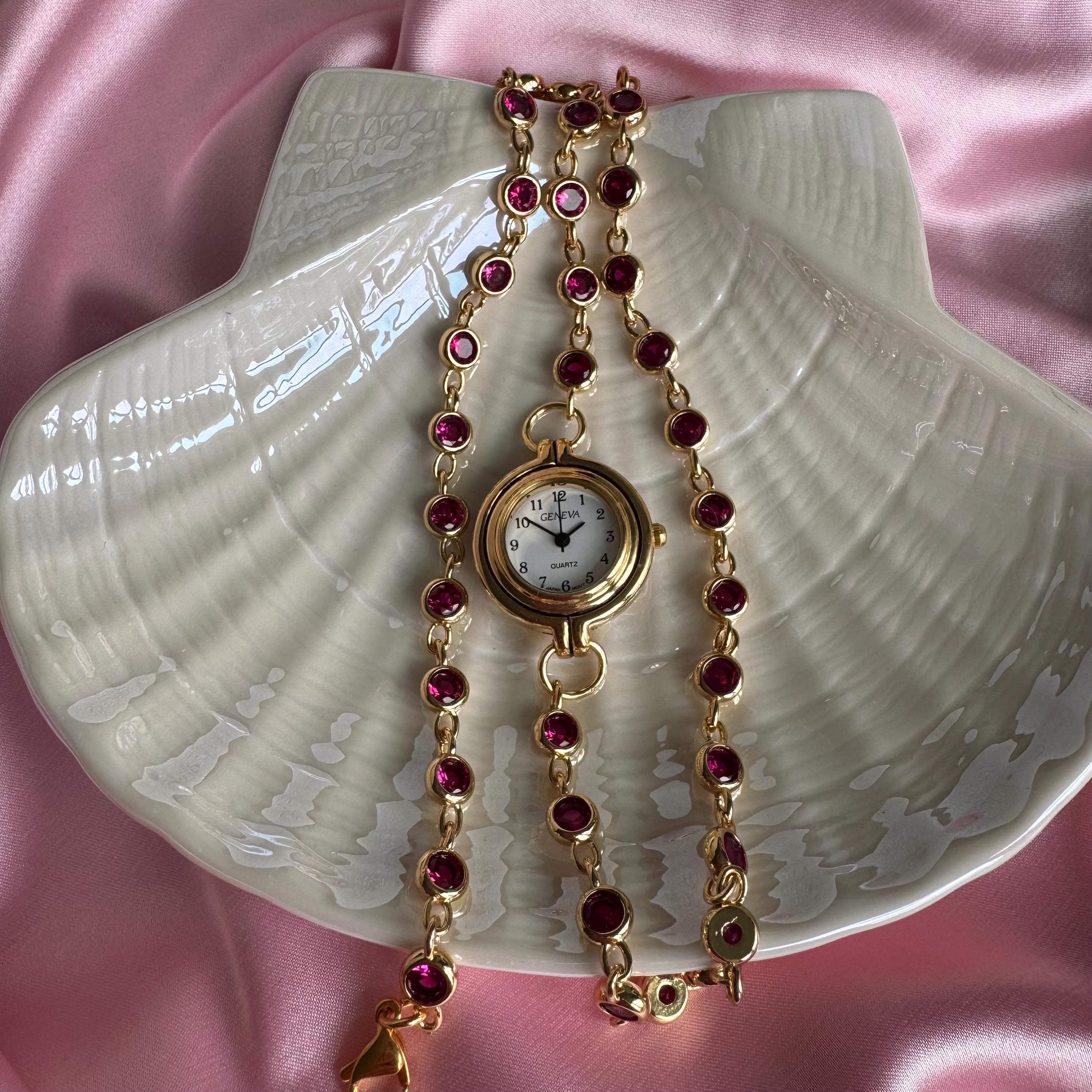 Vintage-Inspired Burgundy Rhinestone Watch Bracelet: Gold Chain Wristwatch