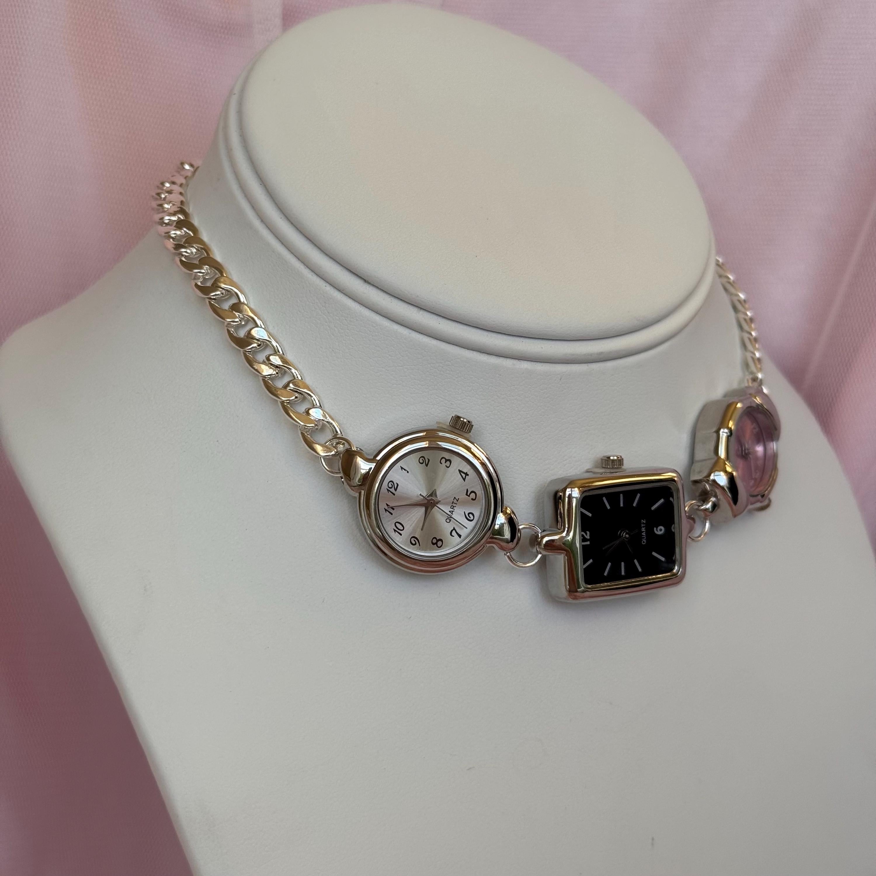 Handmade Watch Choker Necklace: Silver Tone, Multi-Face