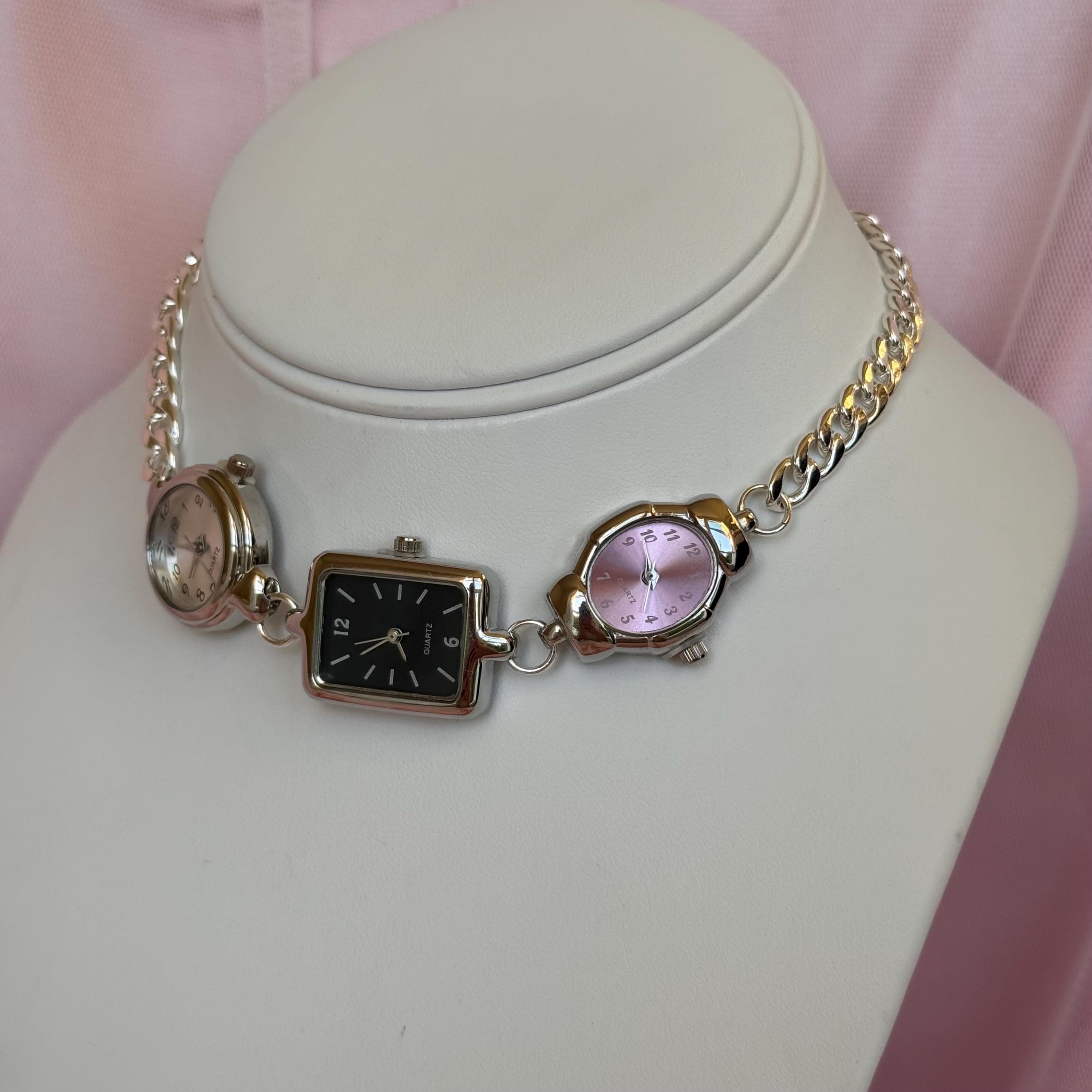 Handmade Watch Choker Necklace: Silver Tone, Multi-Face