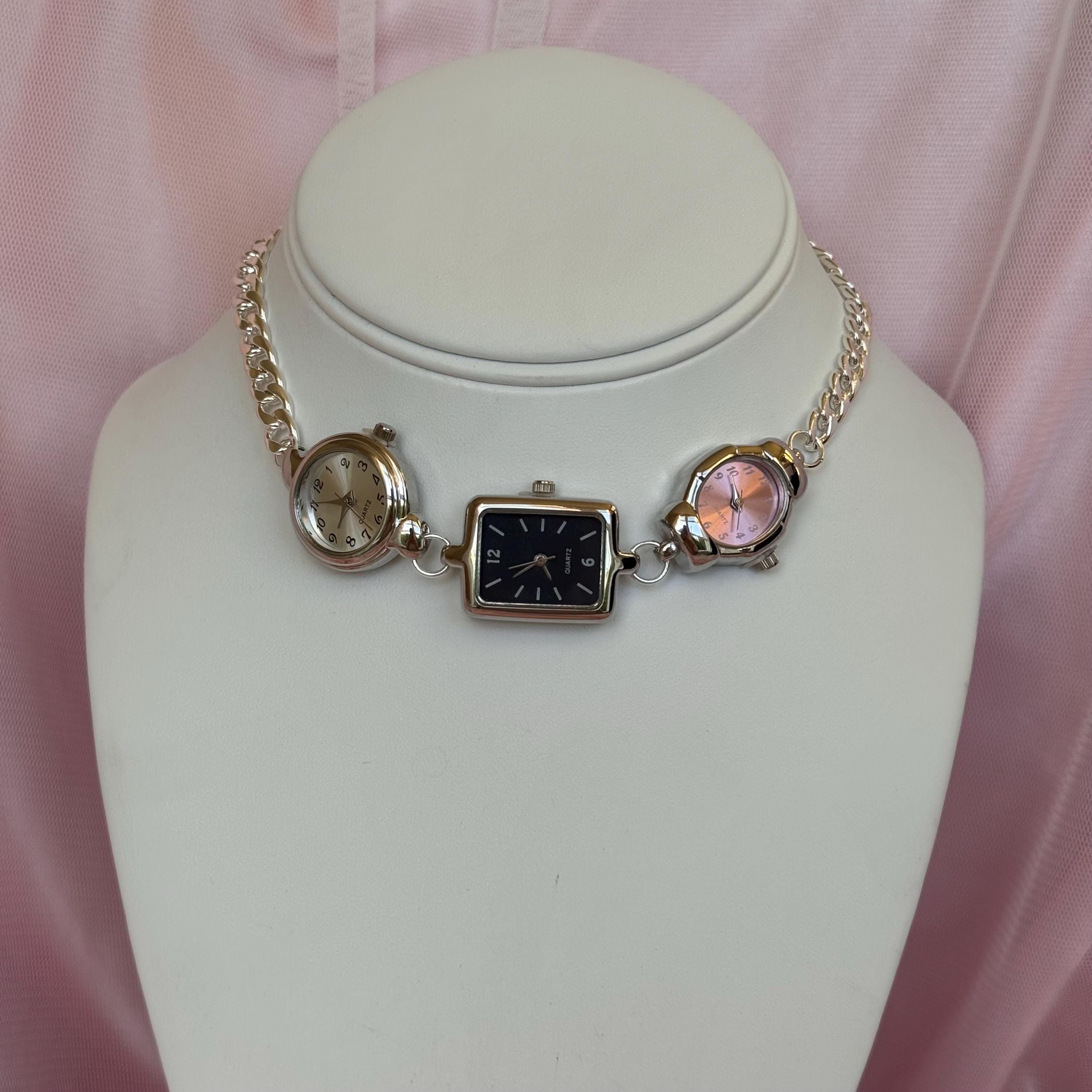 Handmade Watch Choker Necklace: Silver Tone, Multi-Face