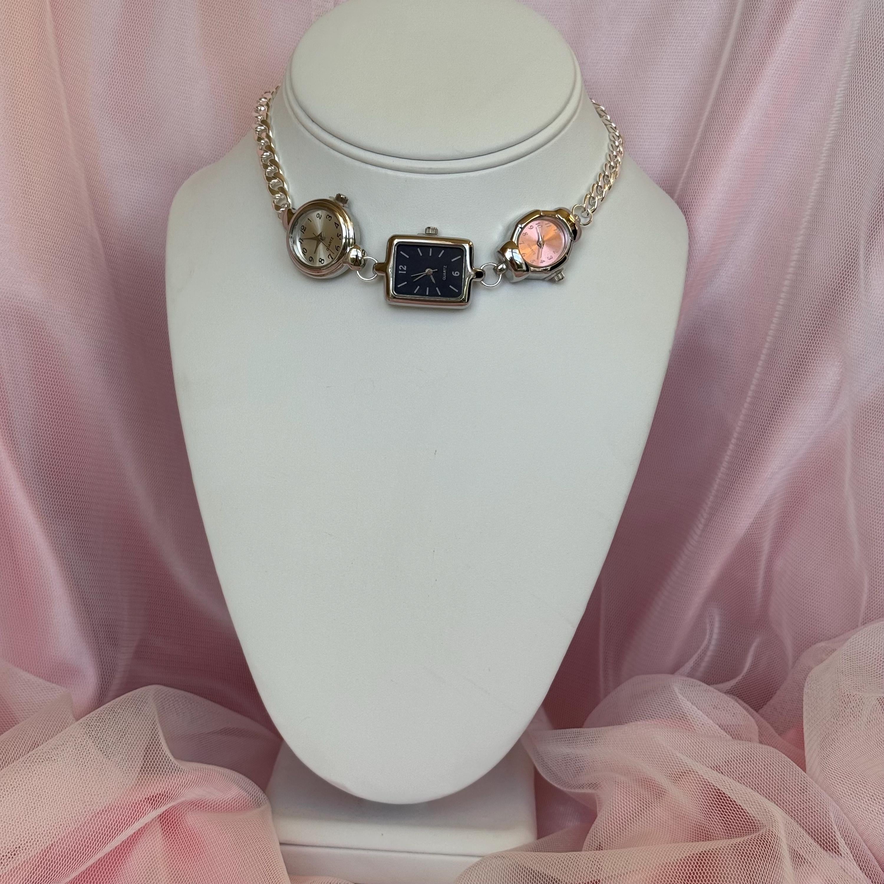 Handmade Watch Choker Necklace: Silver Tone, Multi-Face