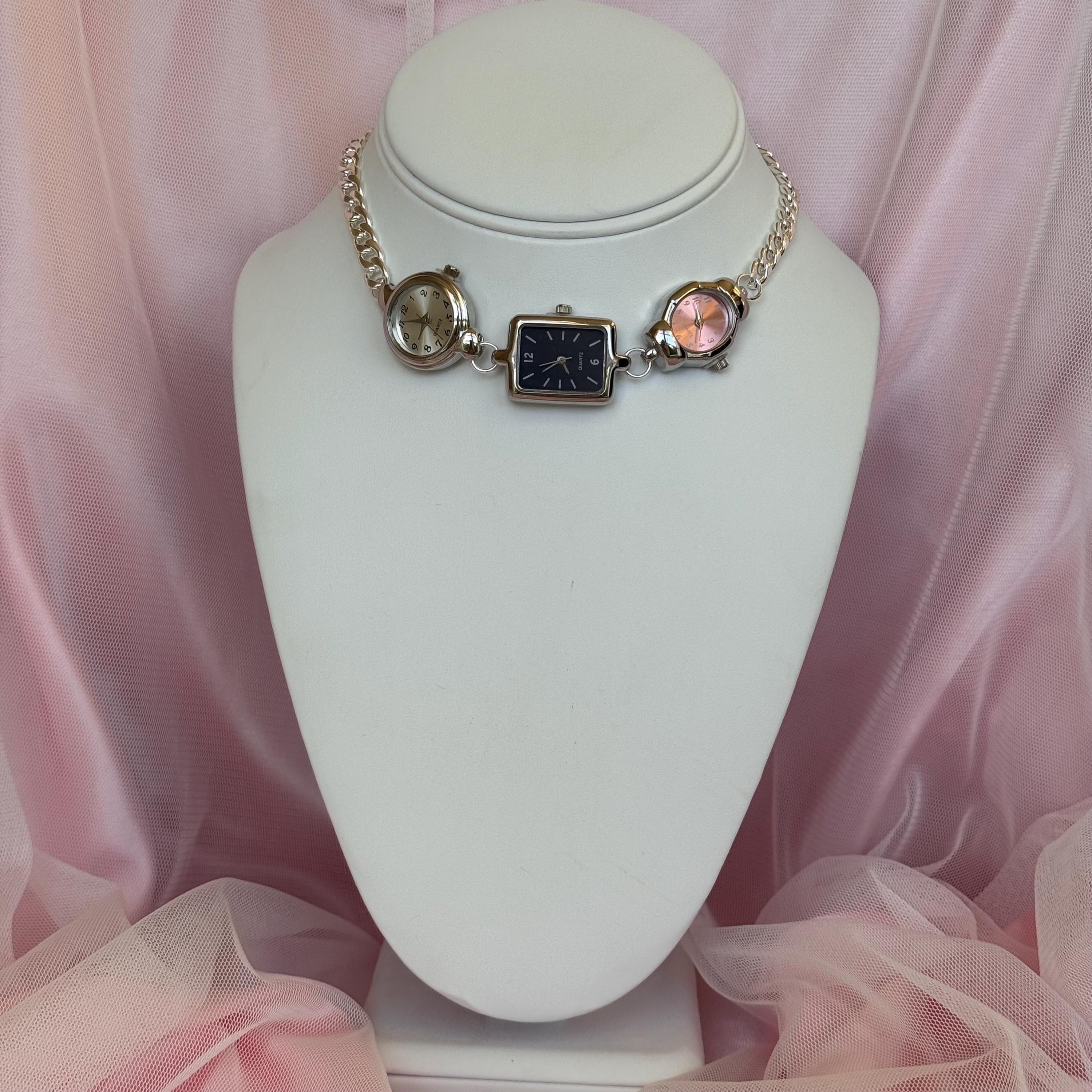 Handmade Watch Choker Necklace: Silver Tone, Multi-Face