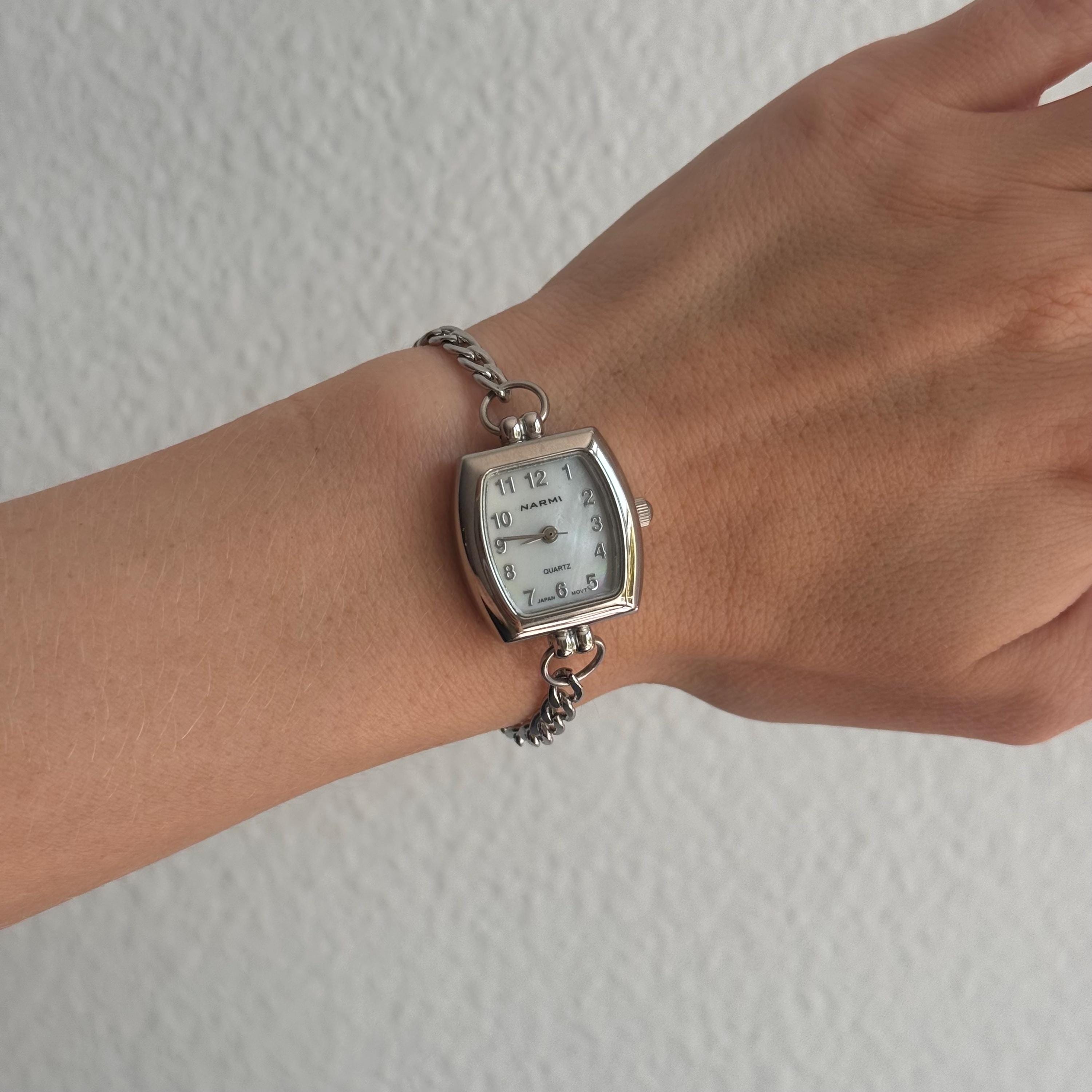 Handmade Silver Watch Bracelet: Rectangle Face, Clean Vintage Jewelry