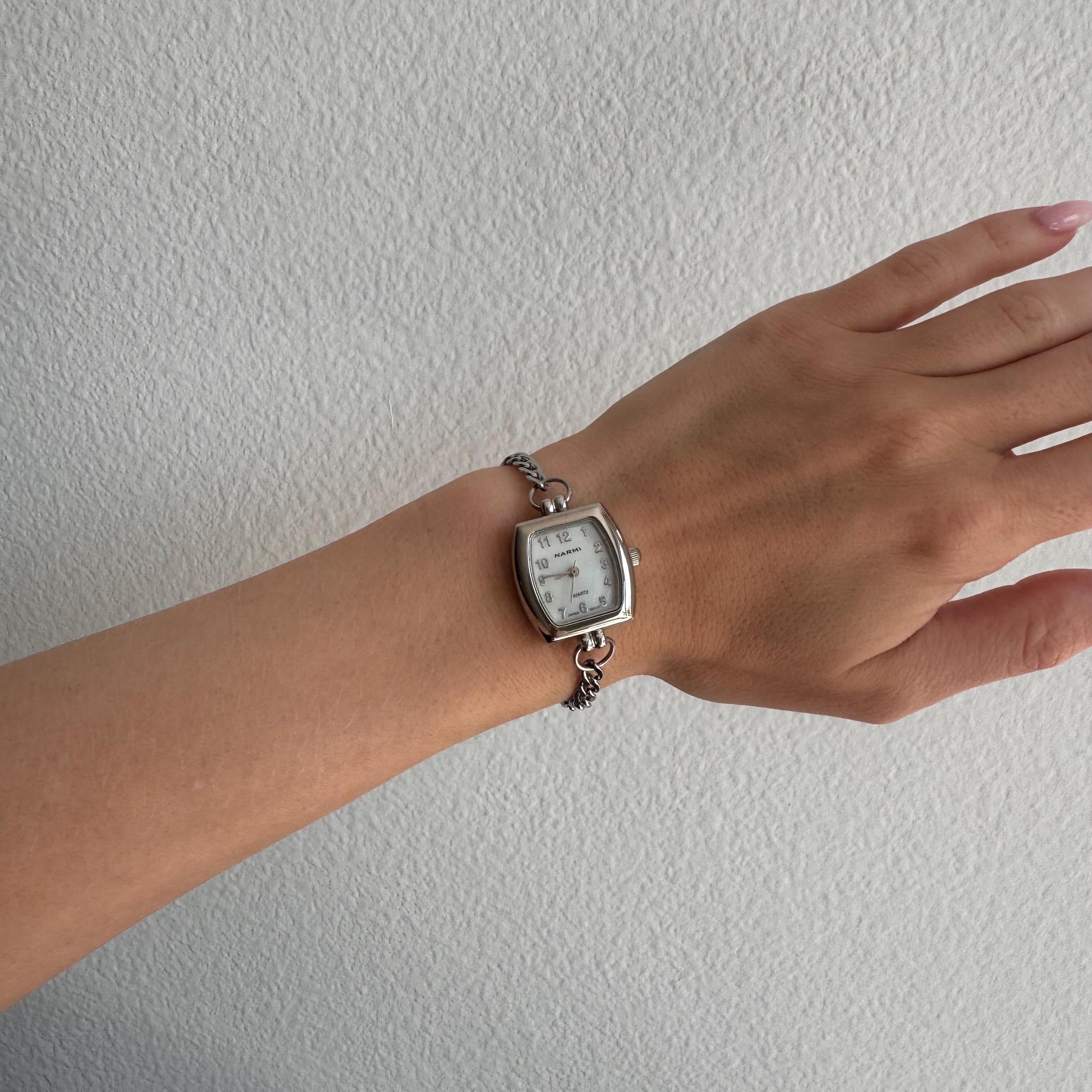 Handmade Silver Watch Bracelet: Rectangle Face, Clean Vintage Jewelry