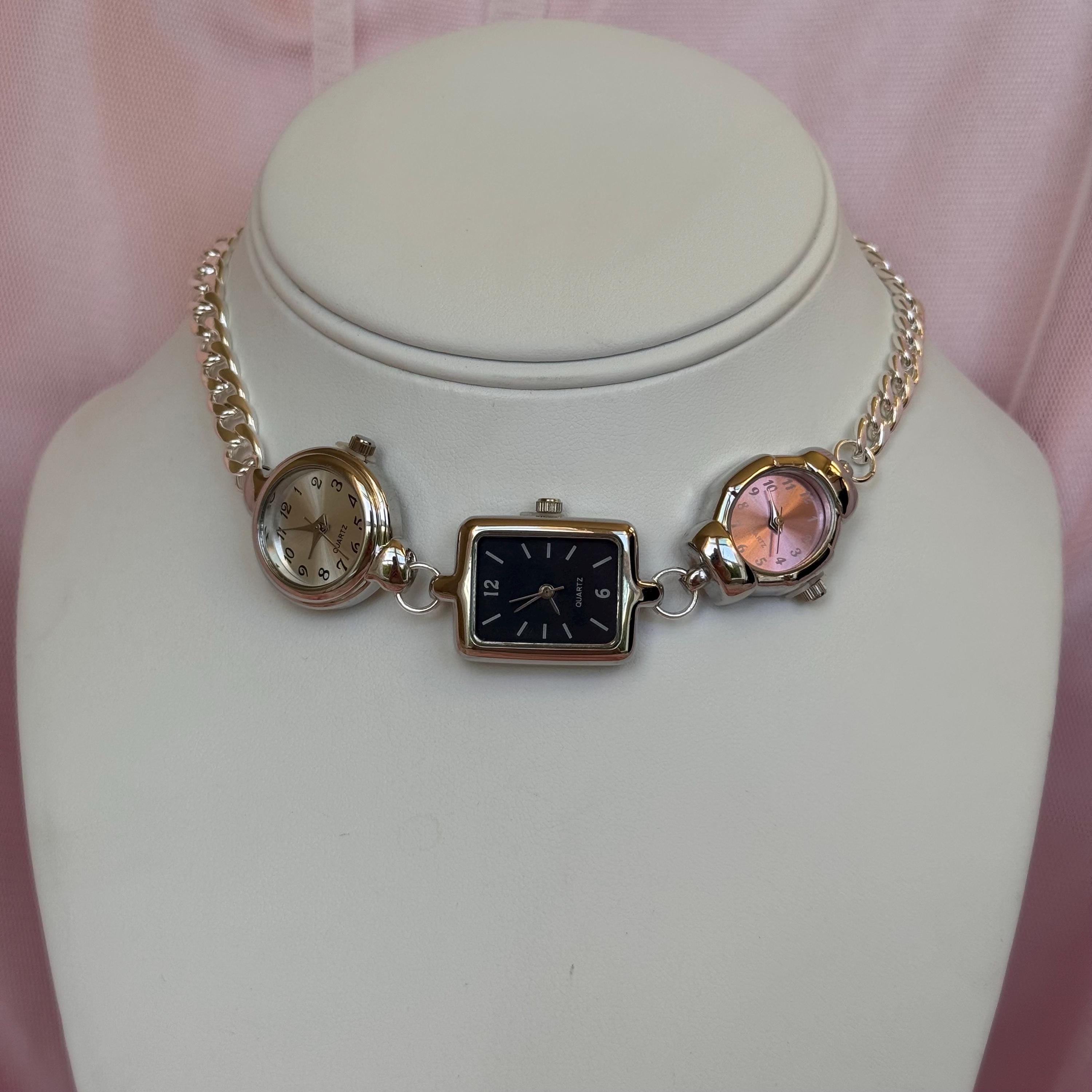 Handmade Watch Choker Necklace: Silver Tone, Multi-Face