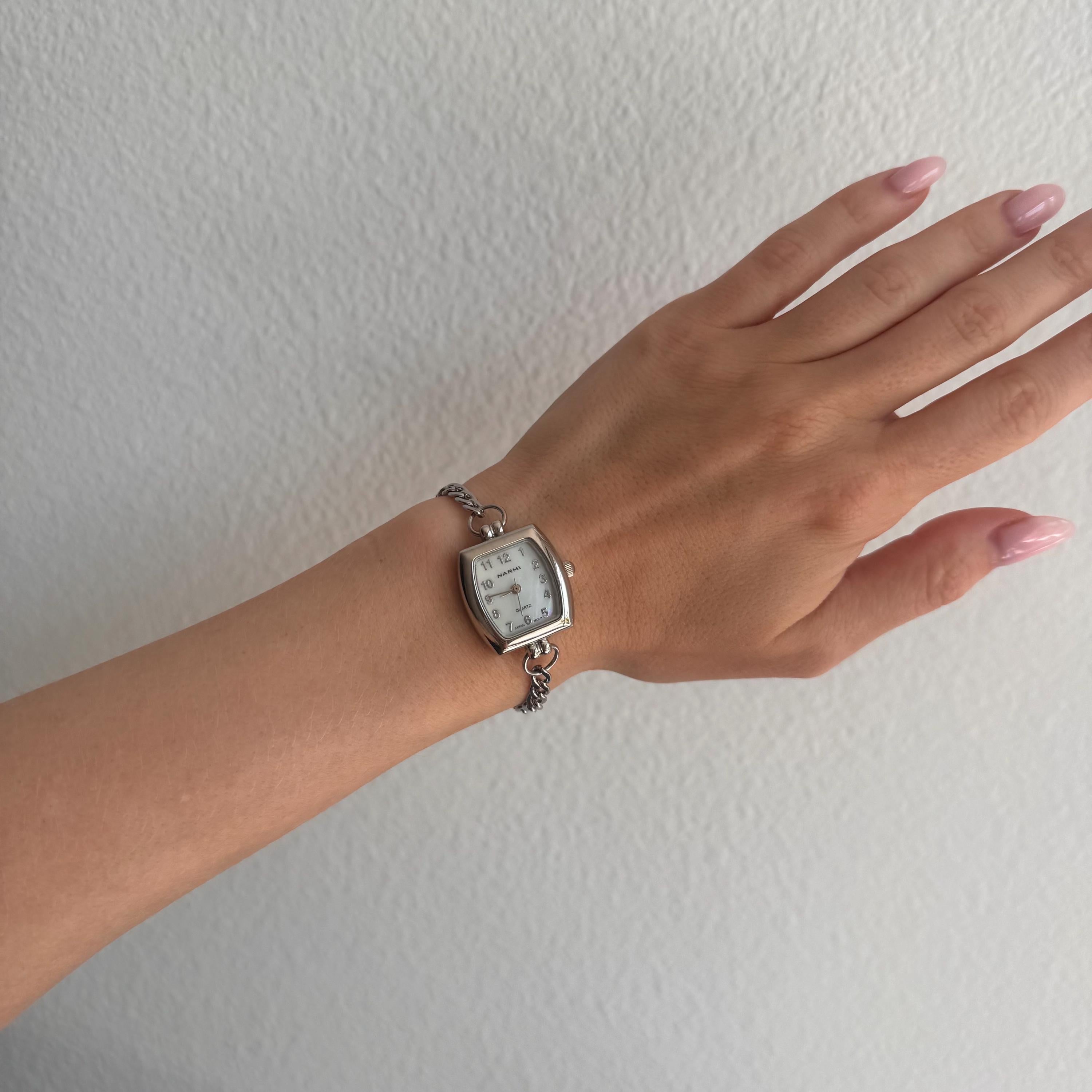 Handmade Silver Watch Bracelet: Rectangle Face, Clean Vintage Jewelry