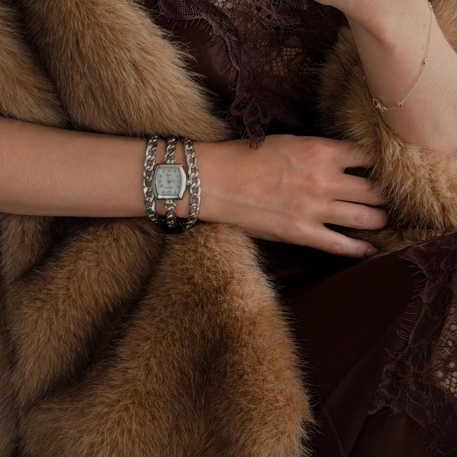 Silver Chain Wrap Watch Bracelet • Stainless Steel Layered Women's Jewelry