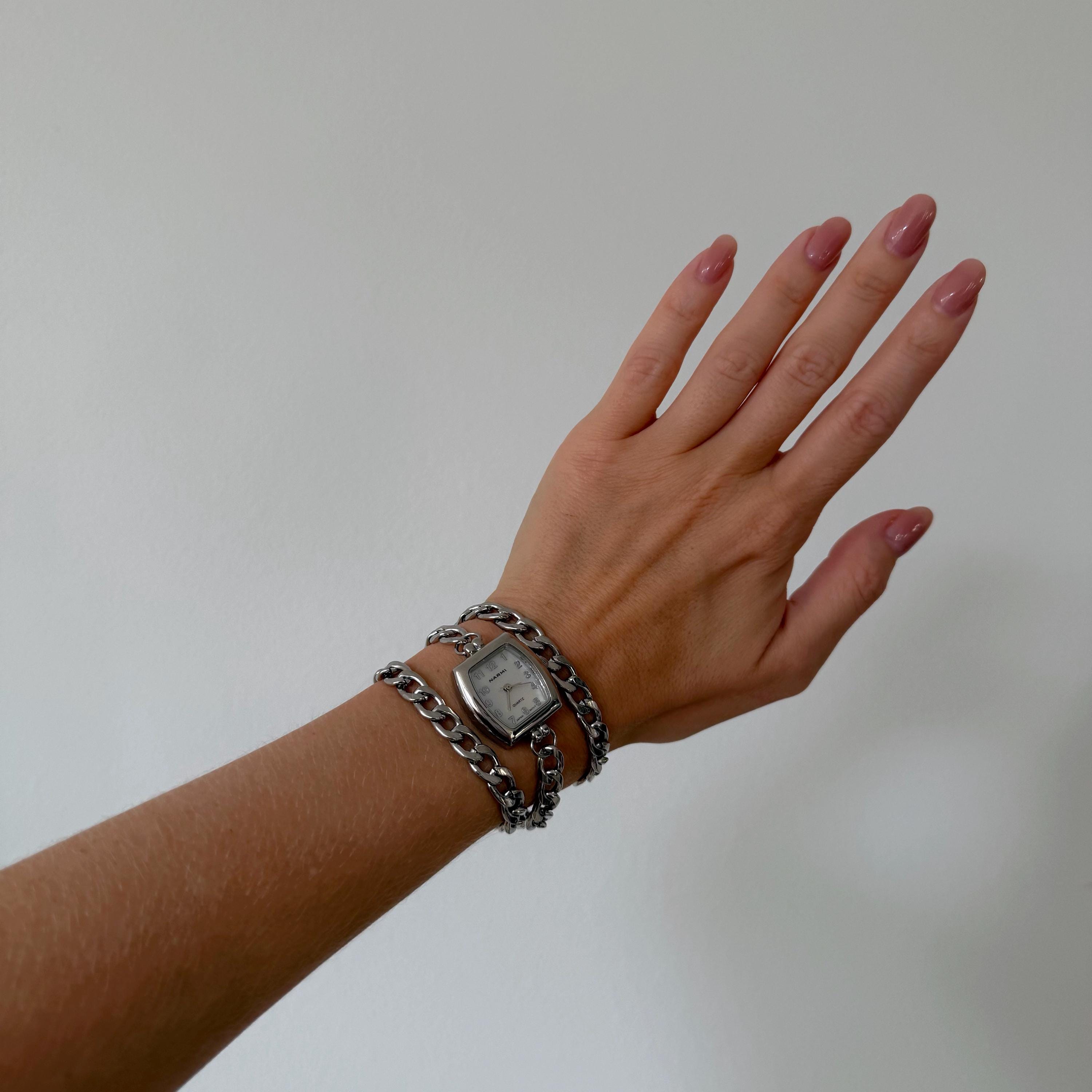 Silver Chain Wrap Watch Bracelet • Stainless Steel Layered Women's Jewelry