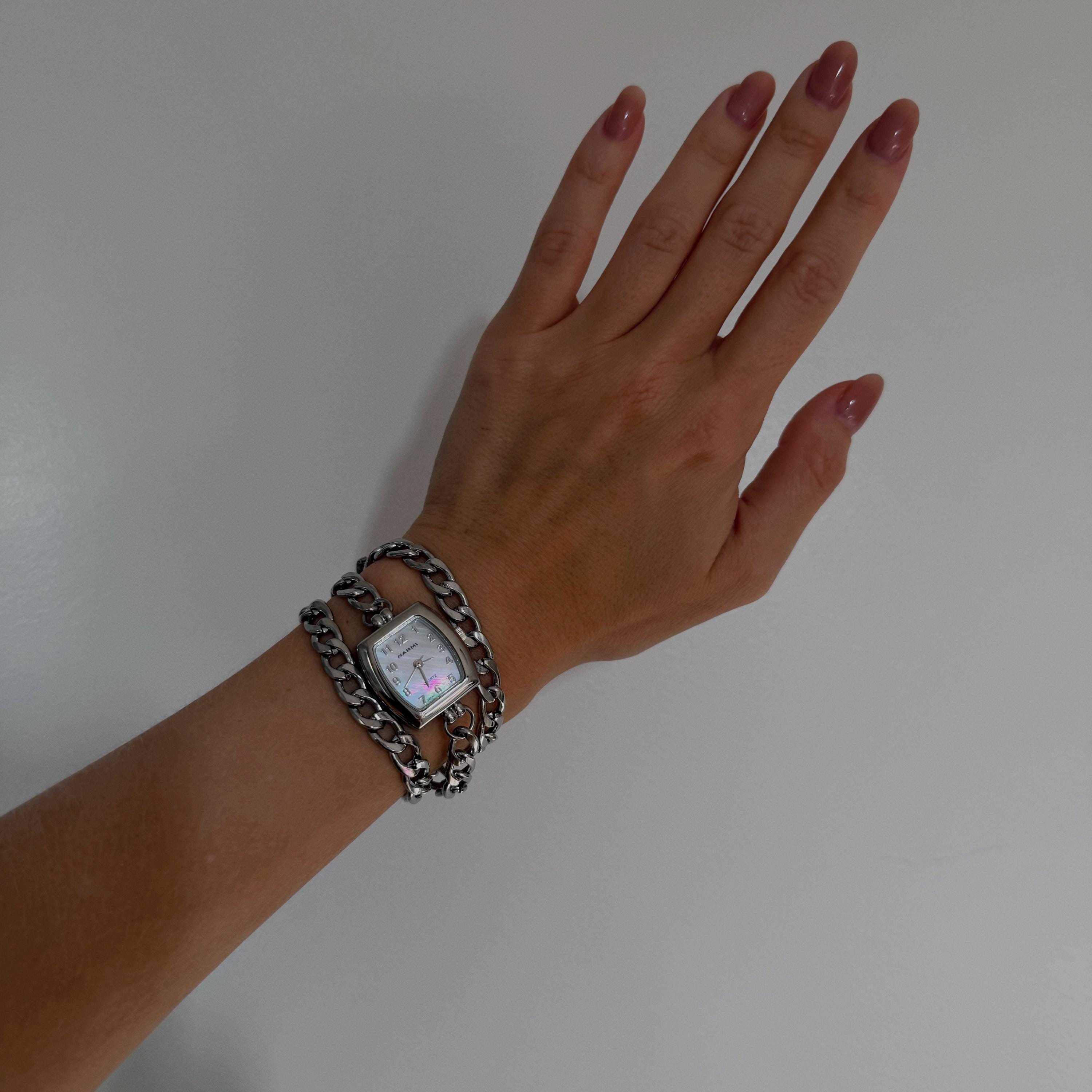 Silver Chain Wrap Watch Bracelet • Stainless Steel Layered Women's Jewelry