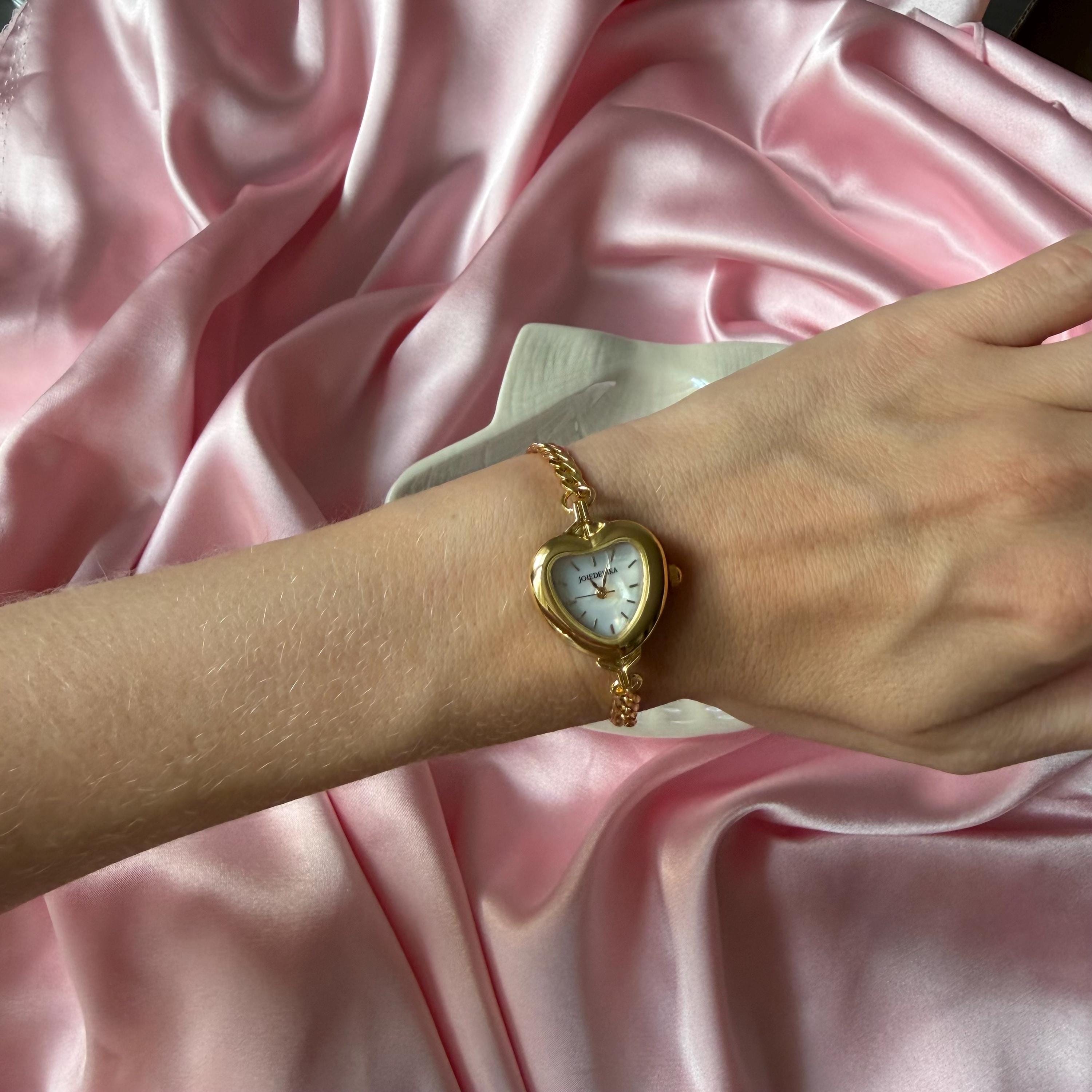 Heart Watch Bracelet • Gold Chain, Pearl, and Crystal Adjustable Watch