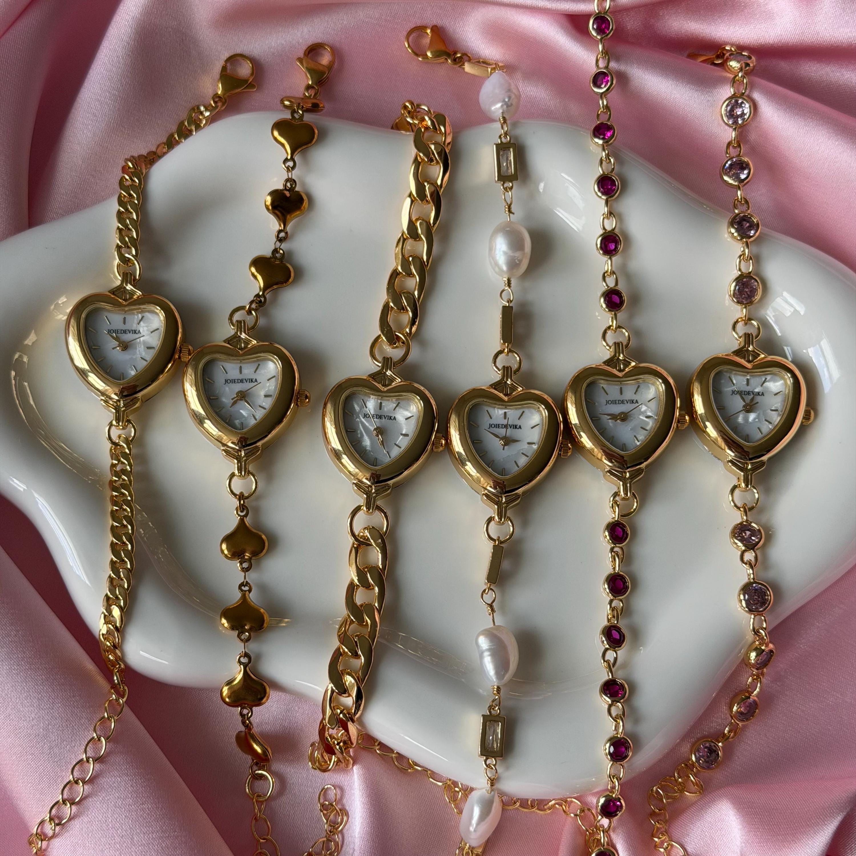 Heart Watch Bracelet • Gold Chain, Pearl, and Crystal Adjustable Watch