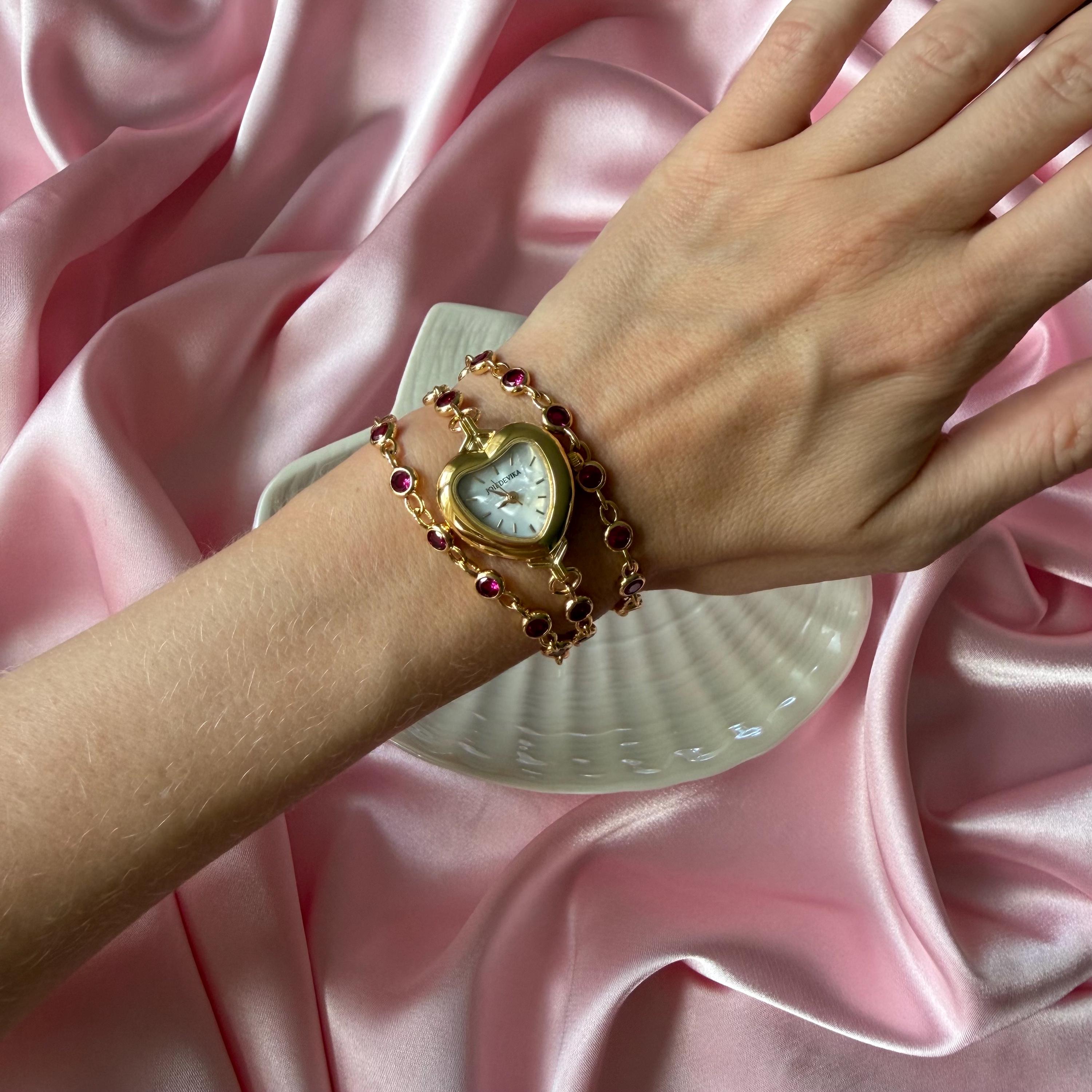 Heart Watch Bracelet • Gold Chain, Pearl, and Crystal Adjustable Watch
