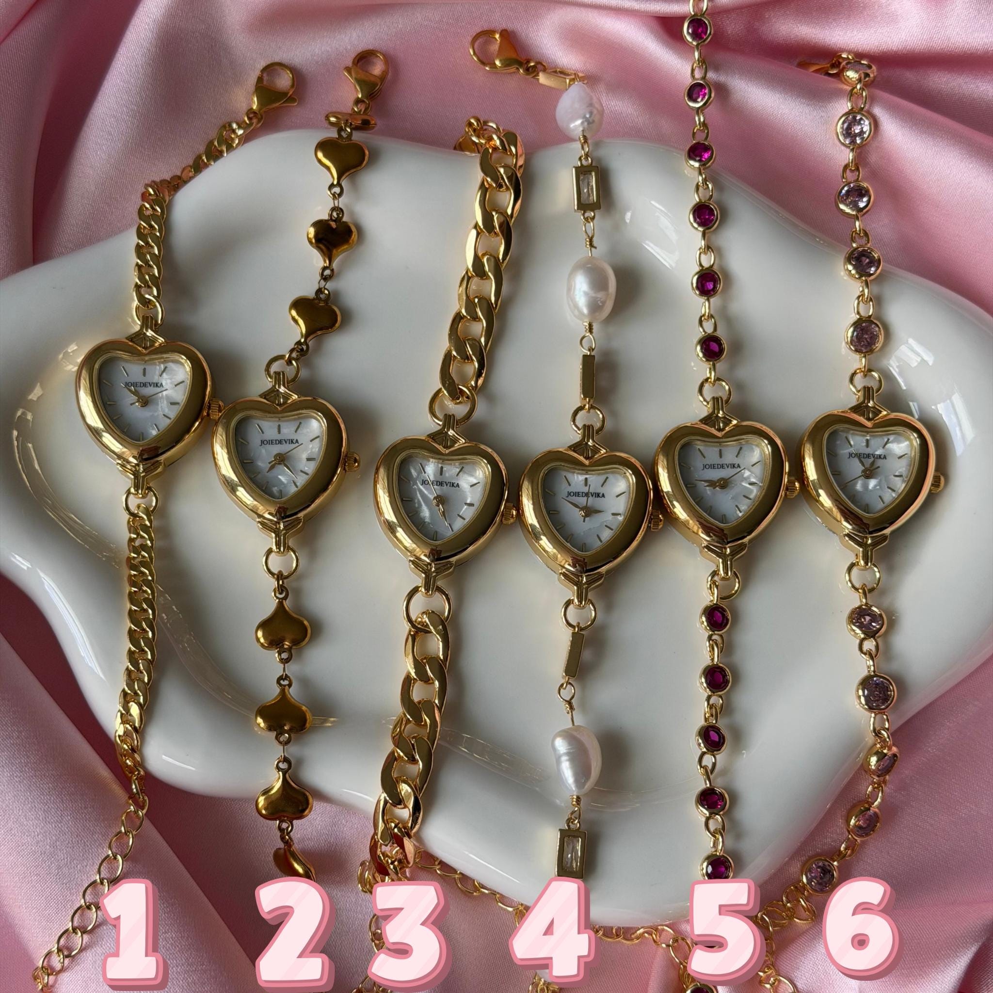 Heart Watch Bracelet • Gold Chain, Pearl, and Crystal Adjustable Watch
